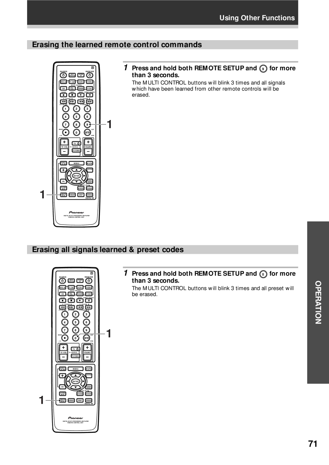 Pioneer VSX-D908S Erasing the learned remote control commands, Erasing all signals learned & preset codes 