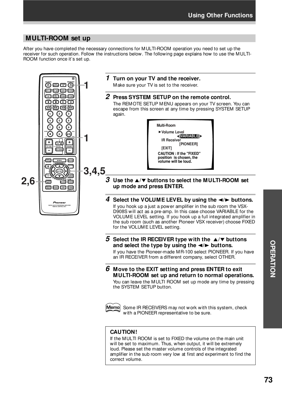 Pioneer VSX-D908S MULTI-ROOM set up, Press System Setup on the remote control, Up mode and press Enter 