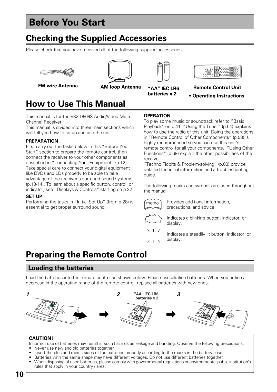 Pioneer VSX-D909S manual Before You Start, Checking the Supplied Accessories, How to Use This Manual, Loading the batteries 