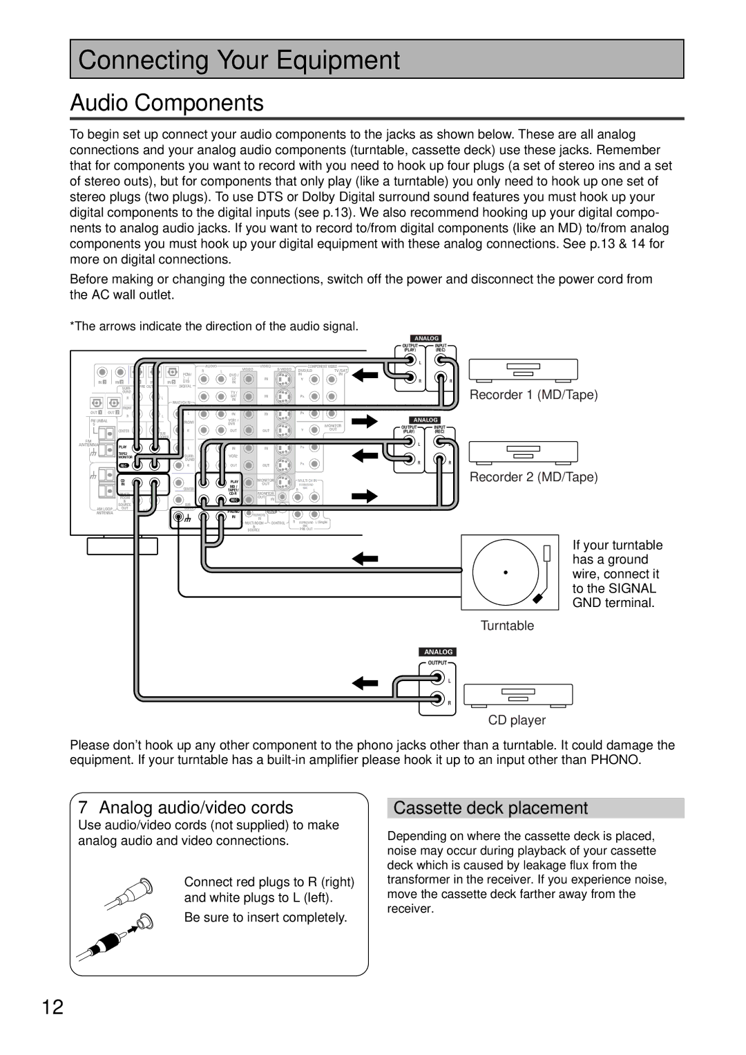 Pioneer VSX-D909S manual Connecting Your Equipment, Audio Components, Analog audio/video cords, Cassette deck placement 