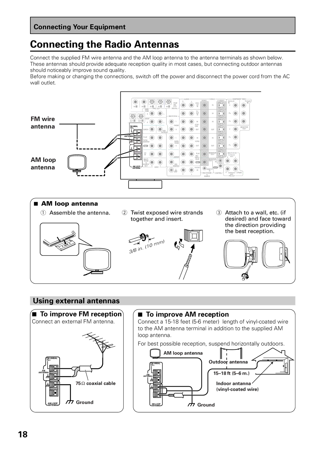 Pioneer VSX-D909S manual Connecting the Radio Antennas, Using external antennas, FM wire antenna AM loop antenna 