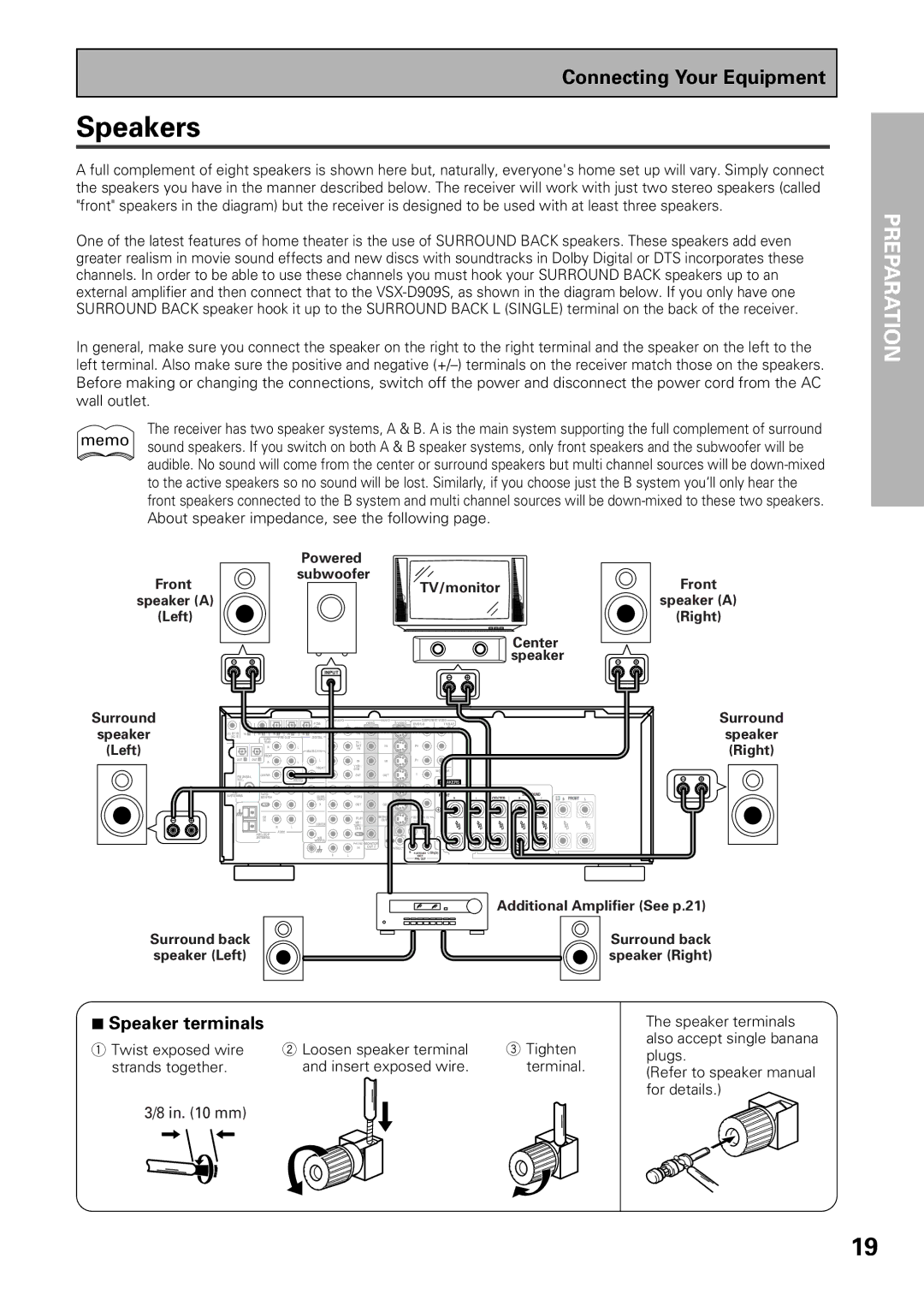 Pioneer VSX-D909S manual Speakers, Speaker terminals 