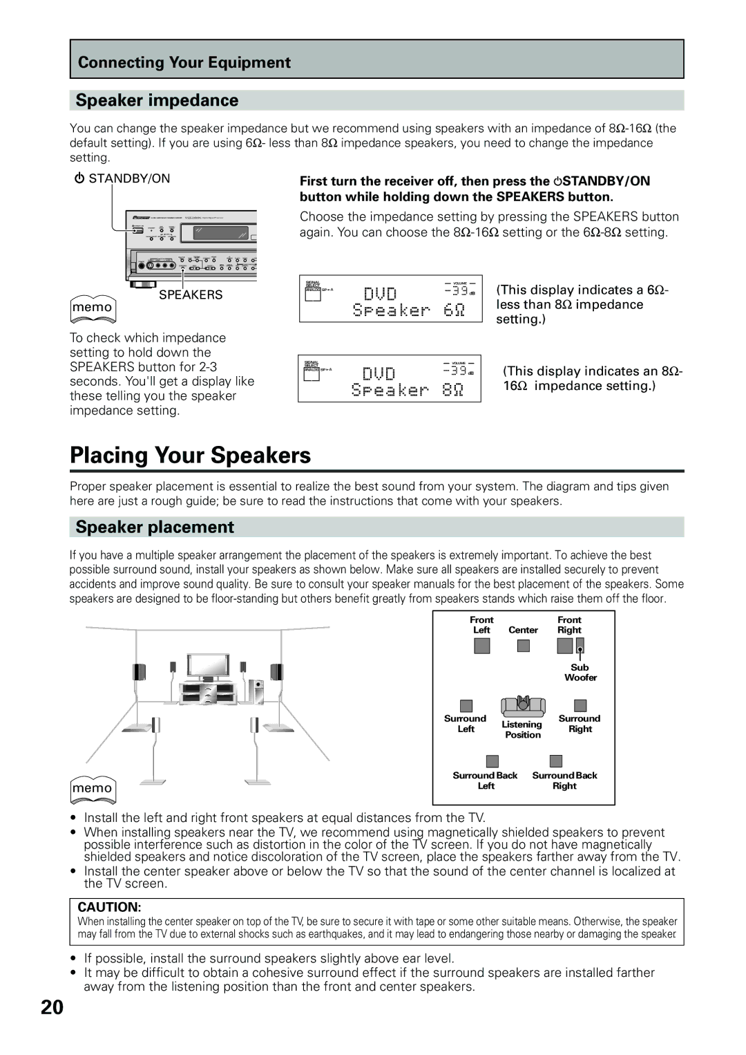 Pioneer VSX-D909S manual Placing Your Speakers, Speaker impedance, Speaker placement 