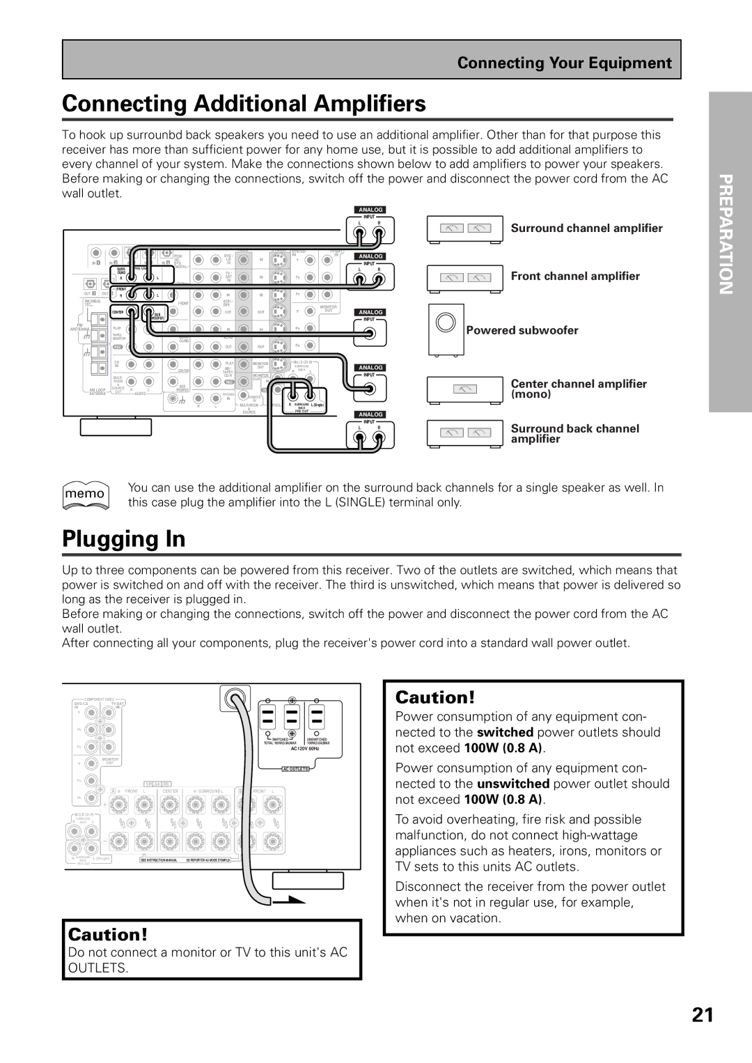 Pioneer VSX-D909S manual Connecting Additional Amplifiers, Plugging 