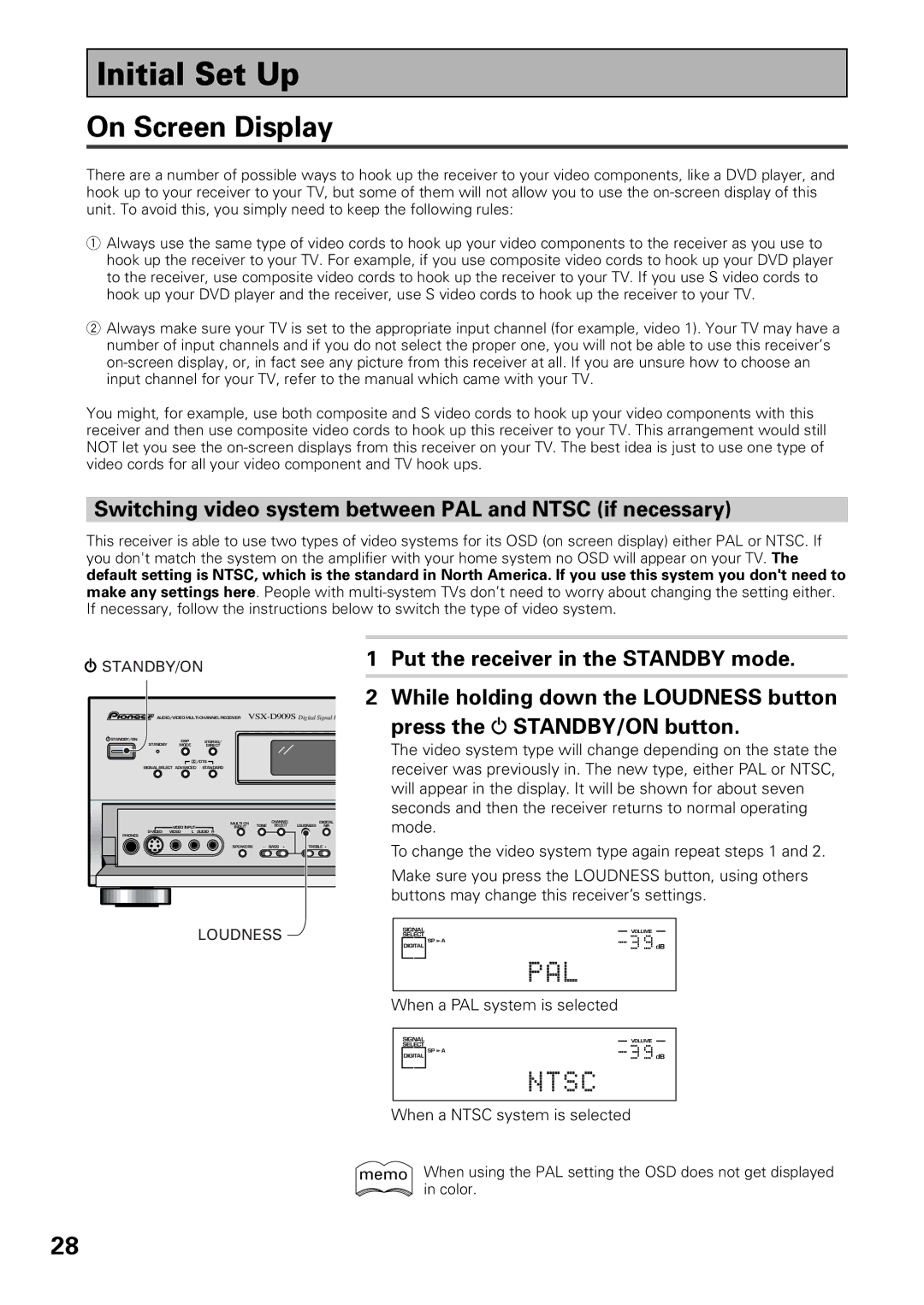 Pioneer VSX-D909S manual Initial Set Up, On Screen Display 