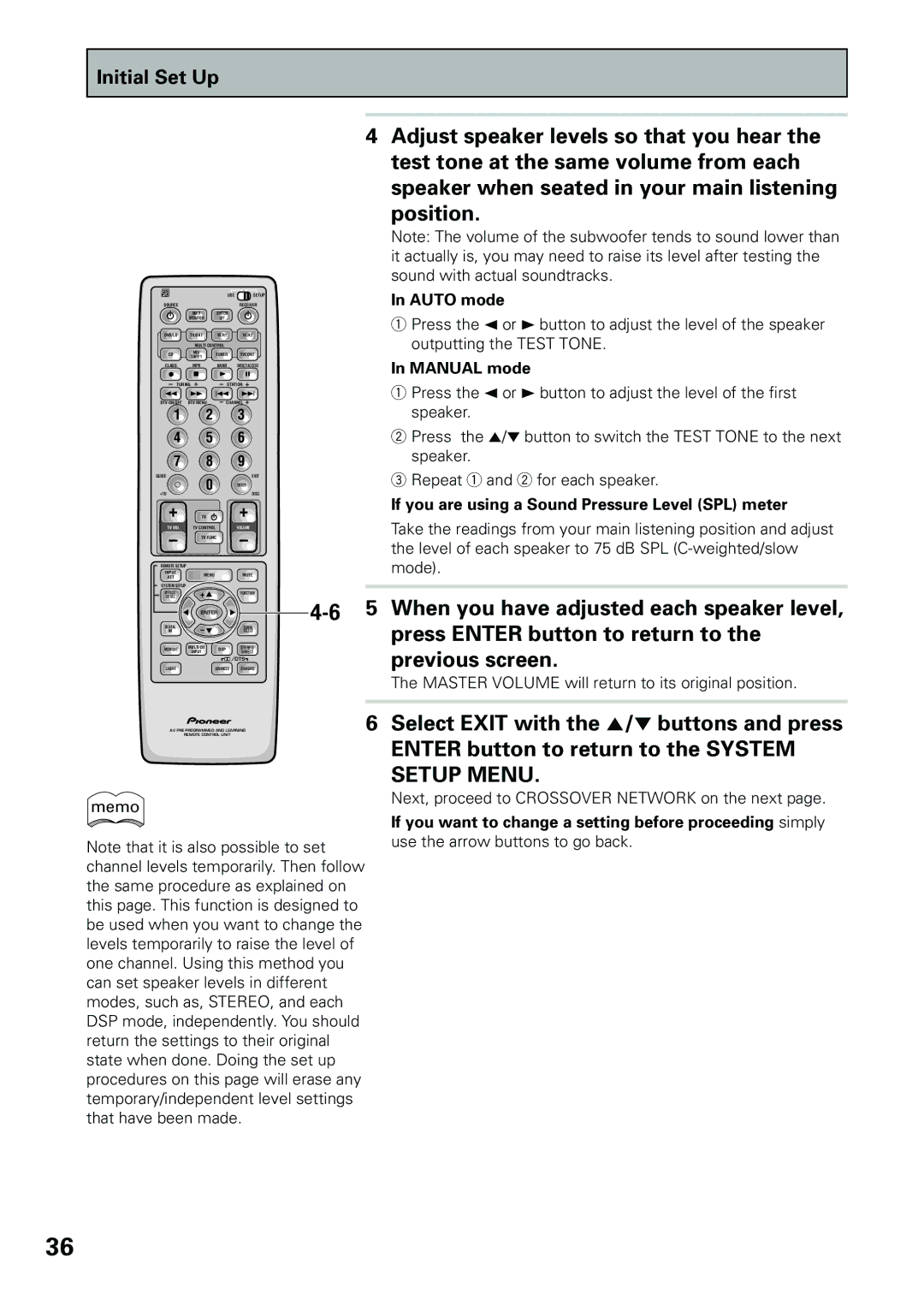 Pioneer VSX-D909S manual When you have adjusted each speaker level, Press Enter button to return to, Previous screen 