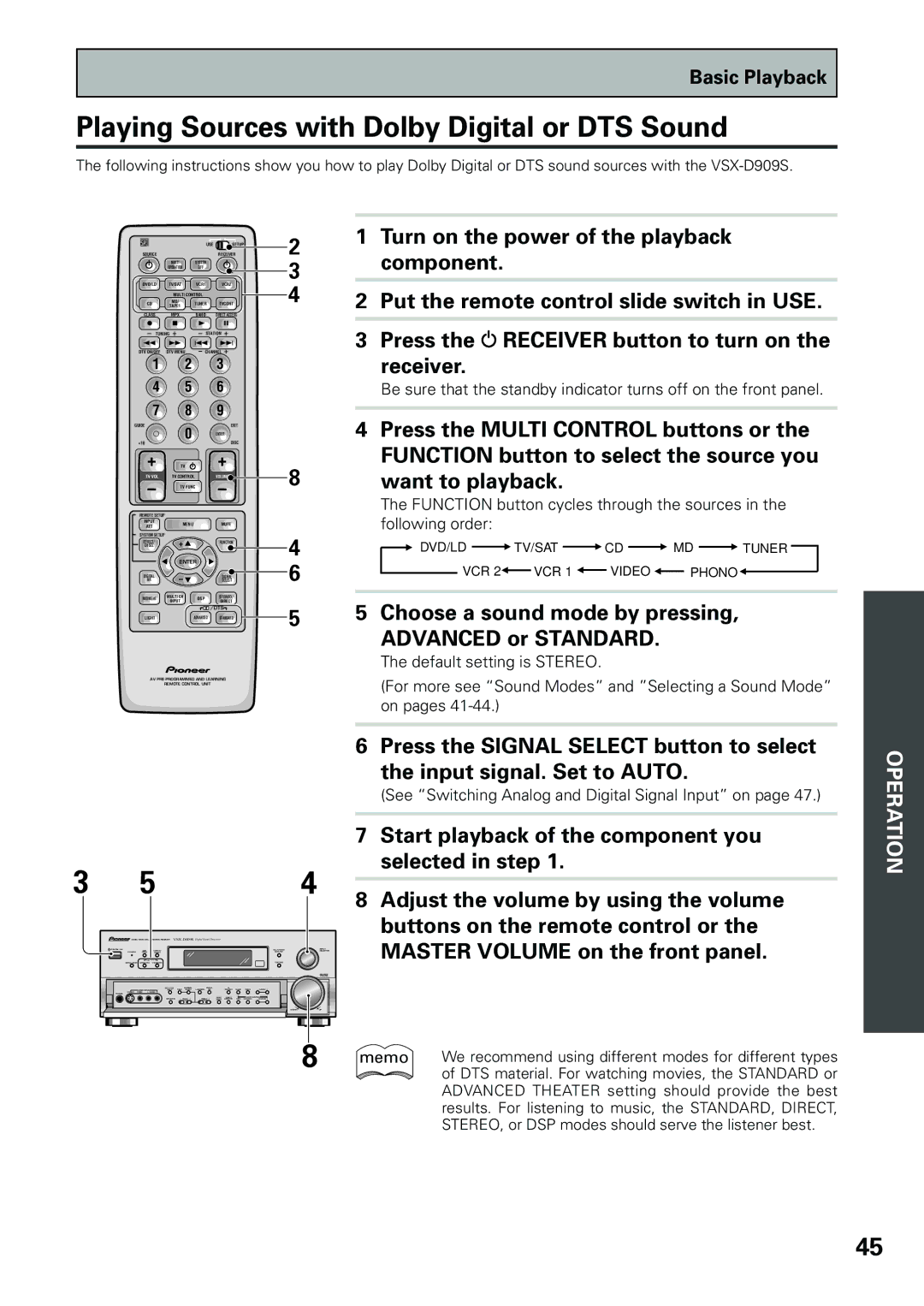 Pioneer VSX-D909S manual Playing Sources with Dolby Digital or DTS Sound, Turn on the power of the playback, Component 