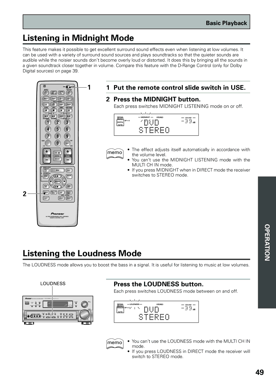 Pioneer VSX-D909S manual Listening in Midnight Mode, Listening the Loudness Mode, Press the Midnight button 