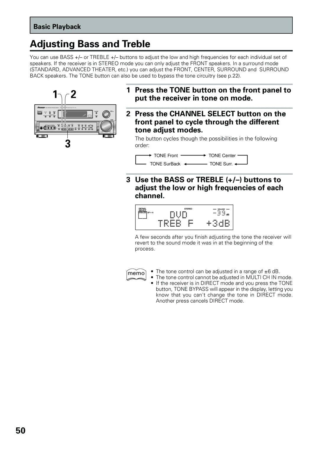 Pioneer VSX-D909S manual Adjusting Bass and Treble 