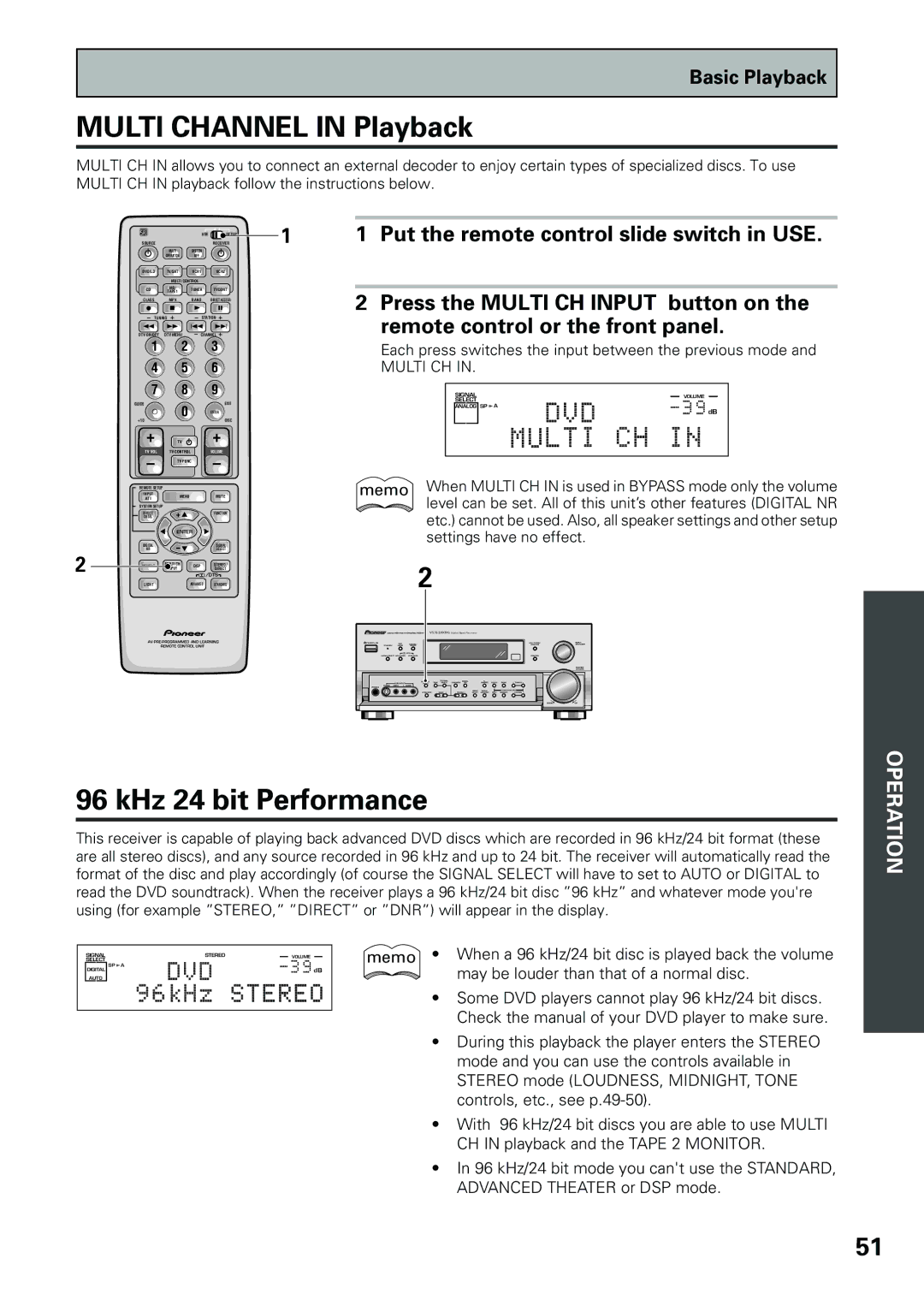 Pioneer VSX-D909S manual Multi Channel in Playback, KHz 24 bit Performance 