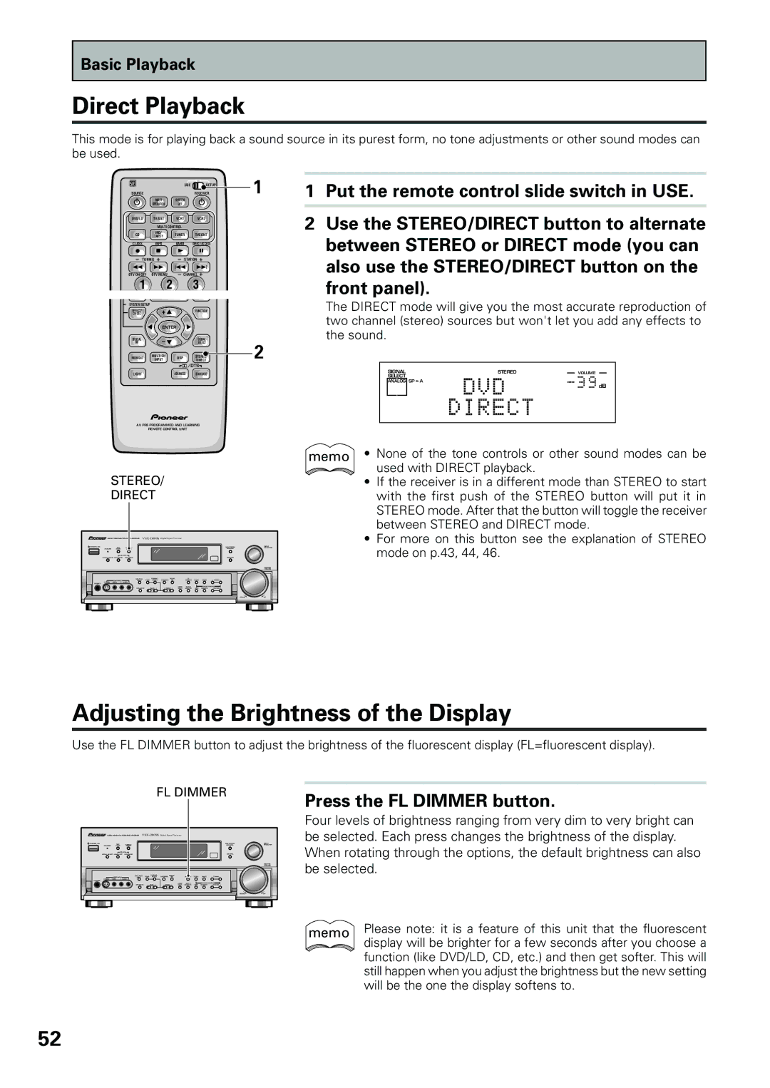 Pioneer VSX-D909S manual Direct Playback, Adjusting the Brightness of the Display, Press the FL Dimmer button 