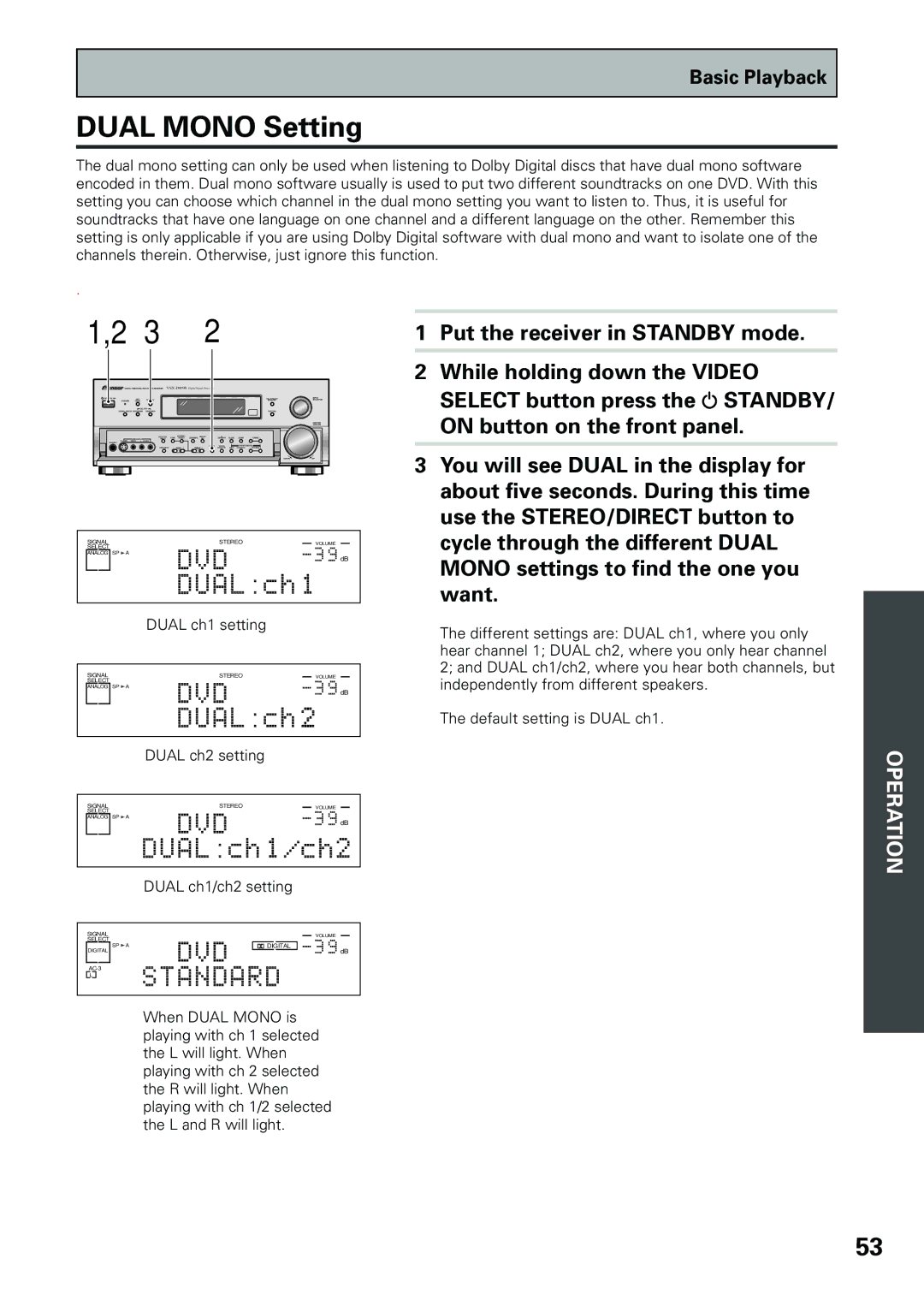 Pioneer VSX-D909S manual Dual Mono Setting 