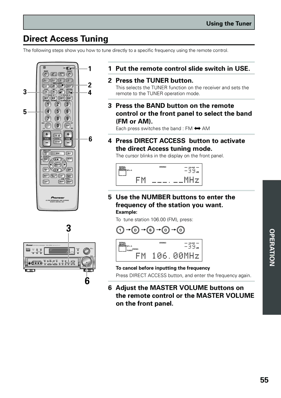 Pioneer VSX-D909S manual Direct Access Tuning, Example, To cancel before inputting the frequency 