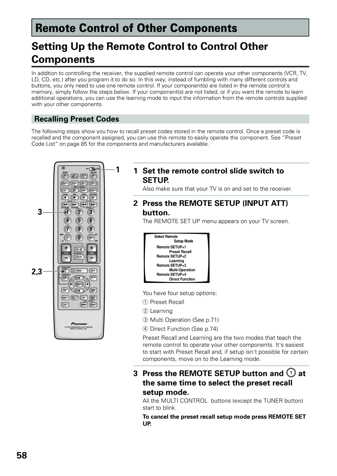 Pioneer VSX-D909S Remote Control of Other Components, Setting Up the Remote Control to Control Other Components, Setup 