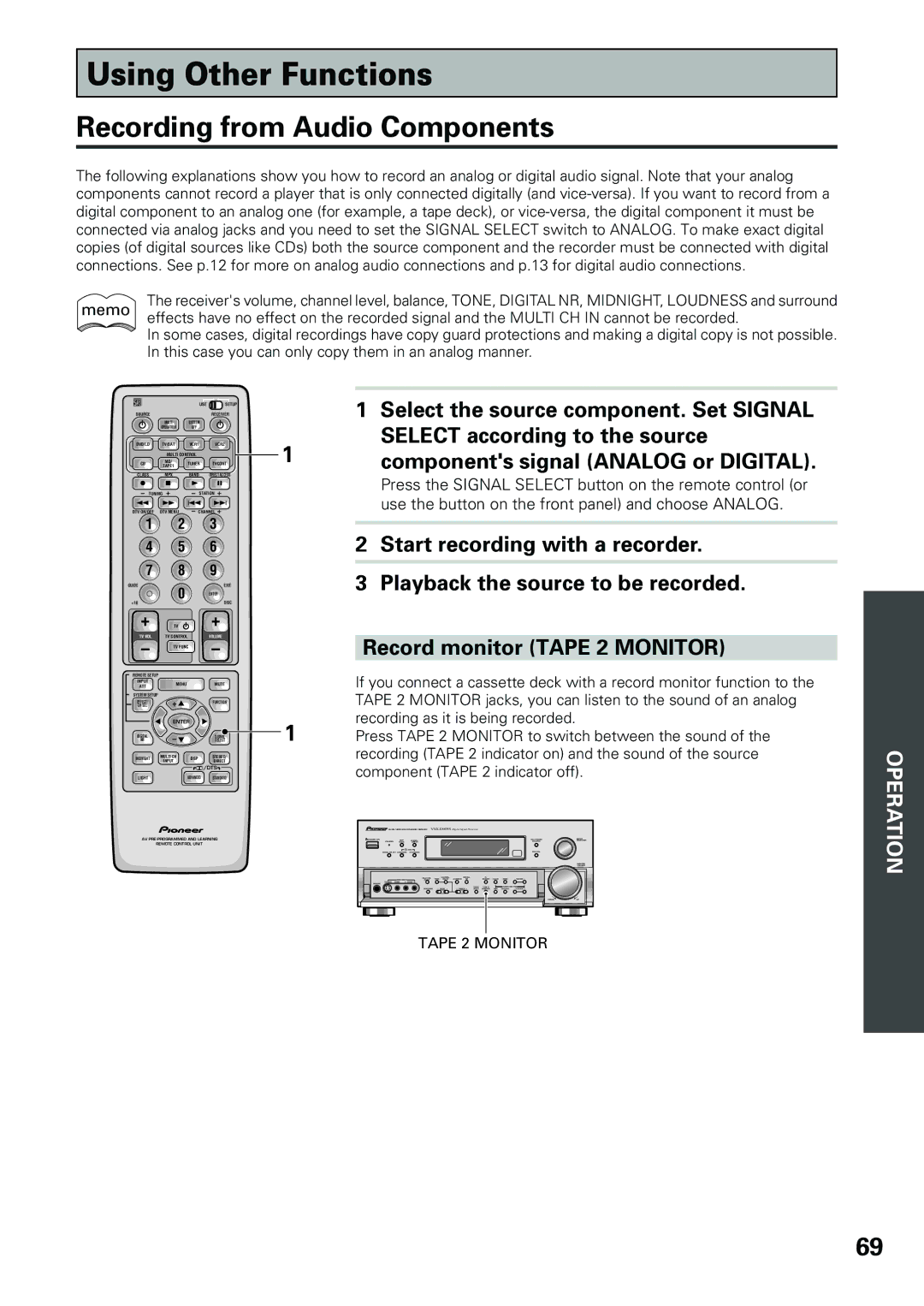 Pioneer VSX-D909S manual Using Other Functions, Recording from Audio Components 