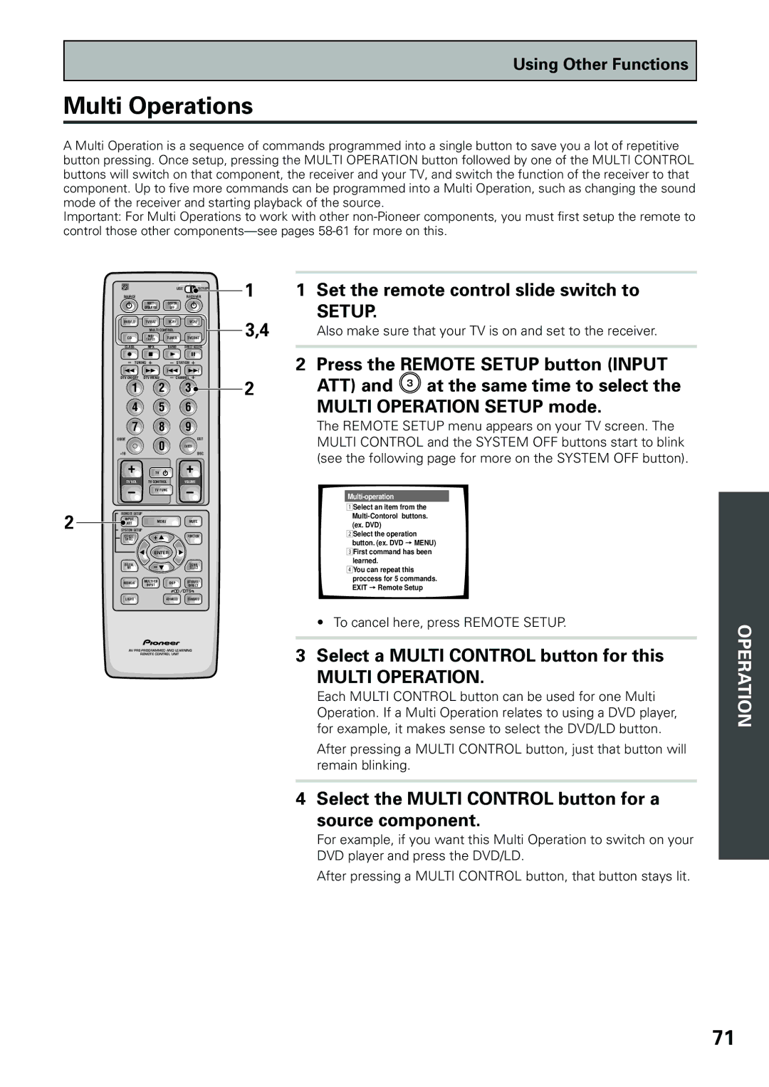 Pioneer VSX-D909S manual Multi Operations, Select a Multi Control button for this, To cancel here, press Remote Setup 