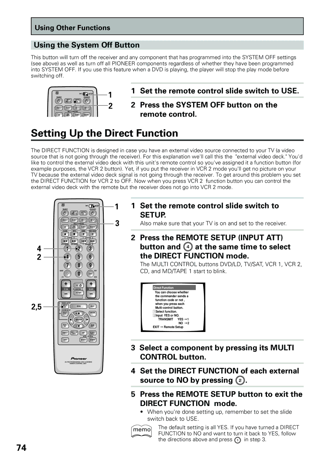 Pioneer VSX-D909S manual Setting Up the Direct Function, Using the System Off Button 