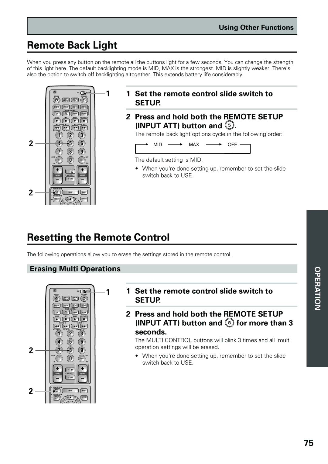 Pioneer VSX-D909S manual Remote Back Light, Resetting the Remote Control 