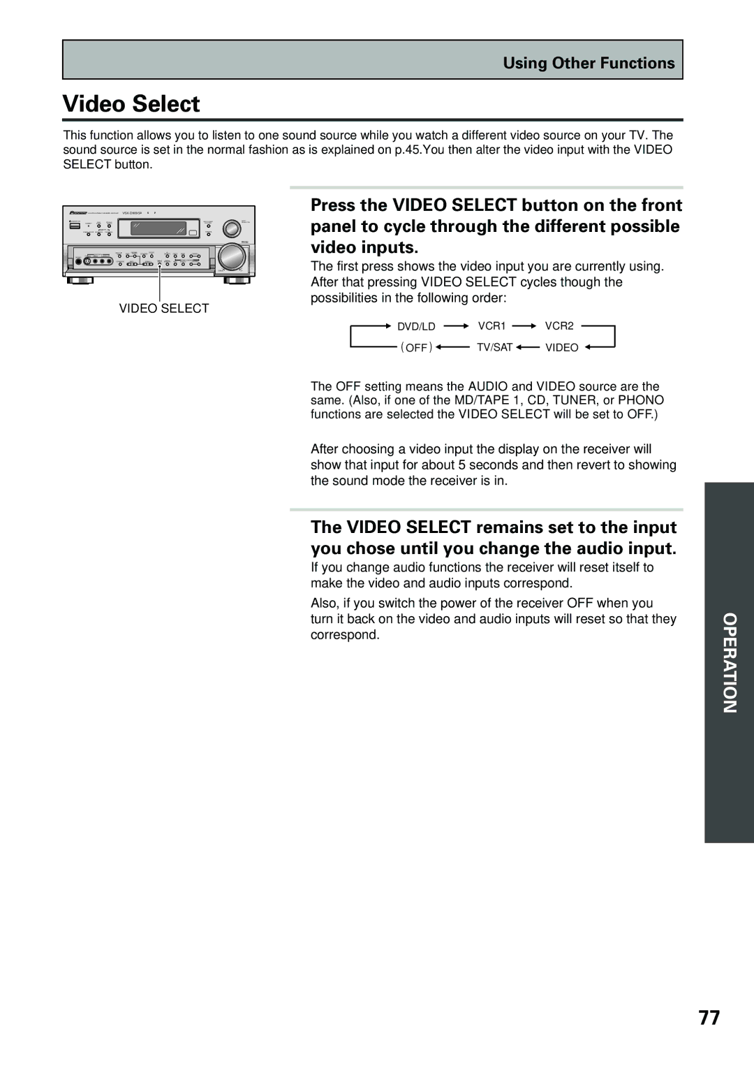 Pioneer VSX-D909S manual Video Select 