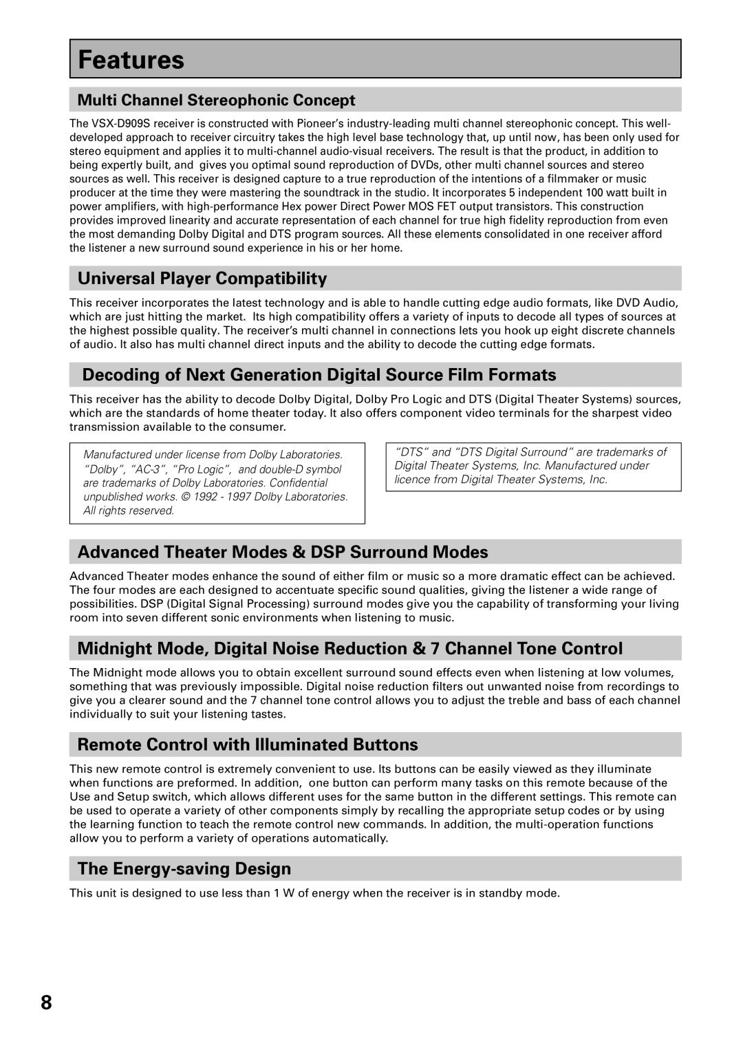 Pioneer VSX-D909S manual Features 