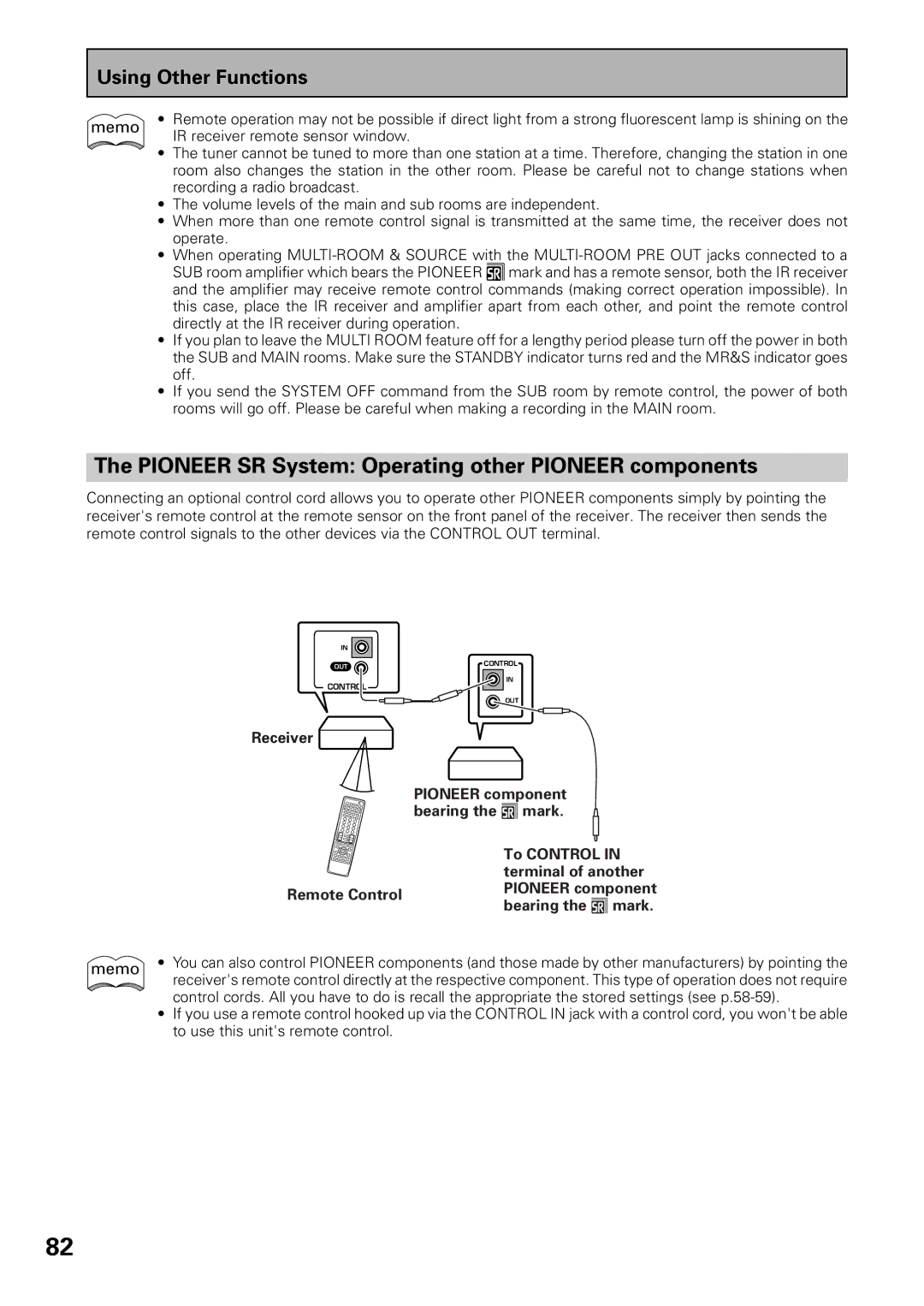 Pioneer VSX-D909S manual Pioneer SR System Operating other Pioneer components 