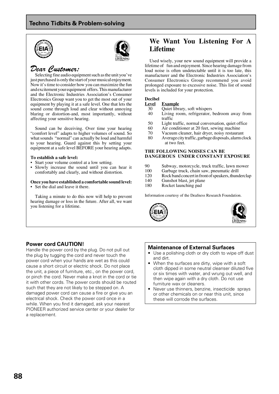 Pioneer VSX-D909S manual Power cord Caution, Maintenance of External Surfaces 