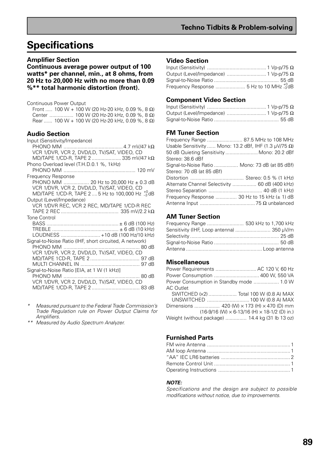 Pioneer VSX-D909S manual Specifications 