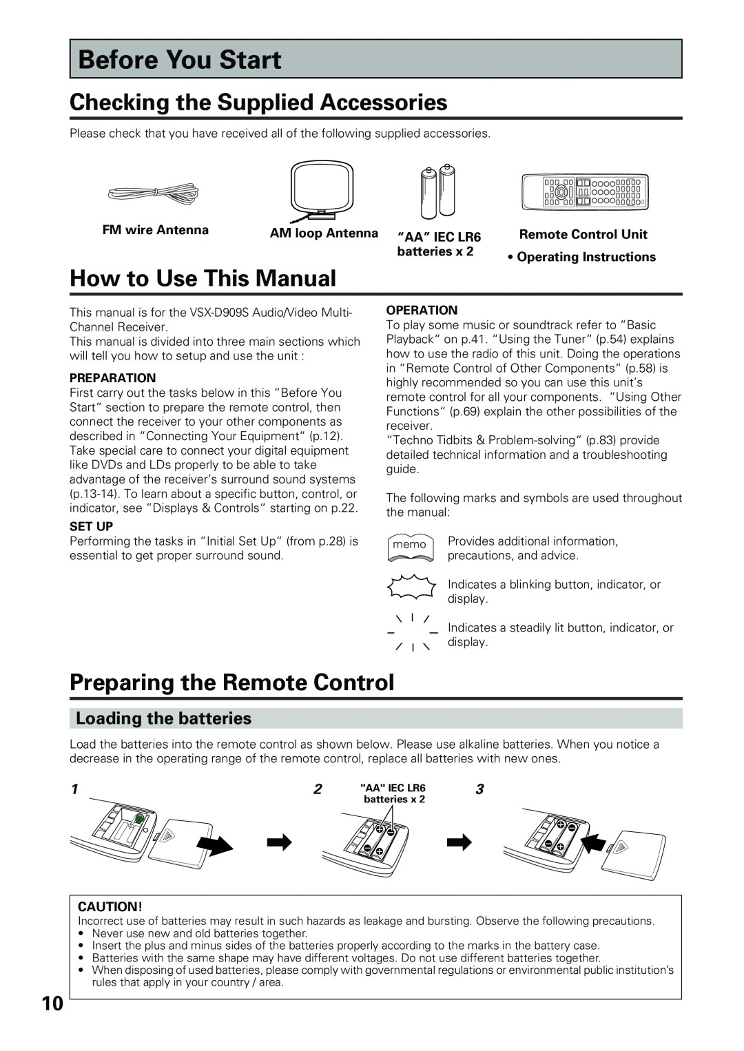 Pioneer VSX-D909S manual Before You Start, Checking the Supplied Accessories, How to Use This Manual, Loading the batteries 