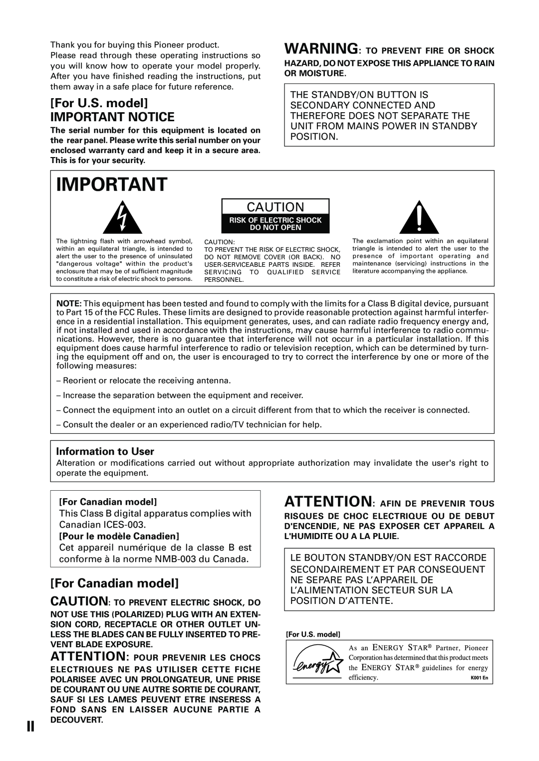 Pioneer VSX-D909S manual For U.S. model IMPORTANT NOTICE, For Canadian model, Information to User, Pour le modèle Canadien 