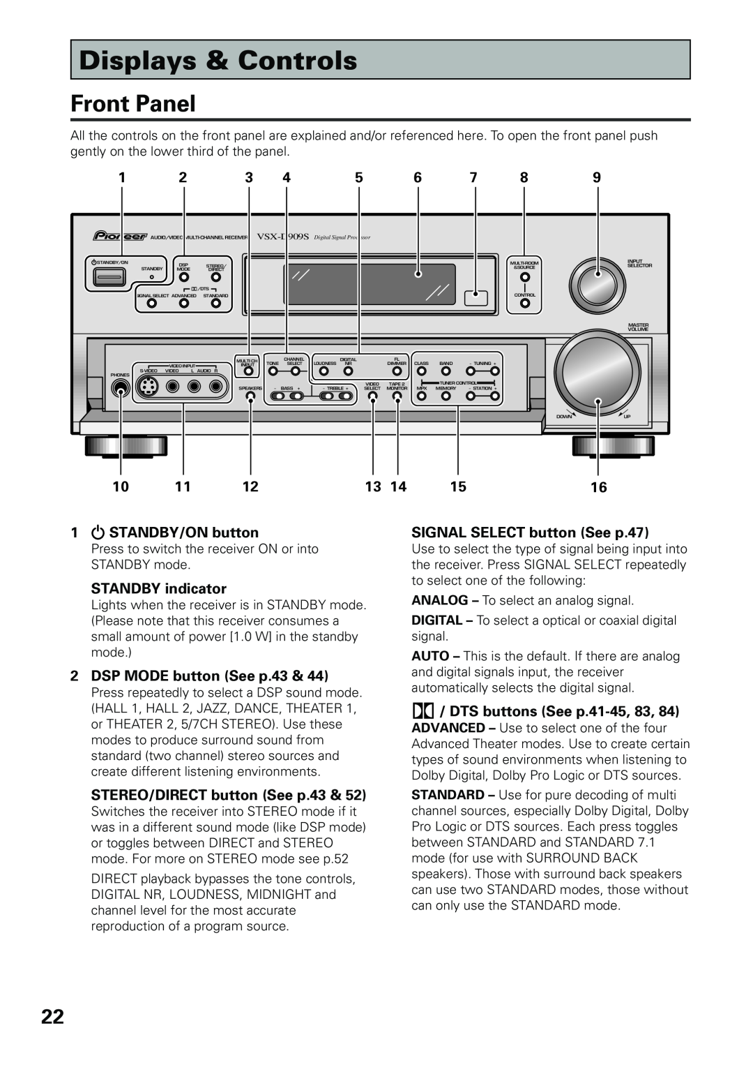 Pioneer VSX-D909S manual Displays & Controls, Front Panel 