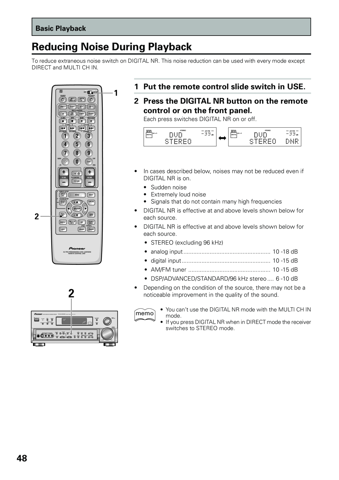 Pioneer VSX-D909S manual Reducing Noise During Playback, Put the remote control slide switch in USE, Basic Playback 