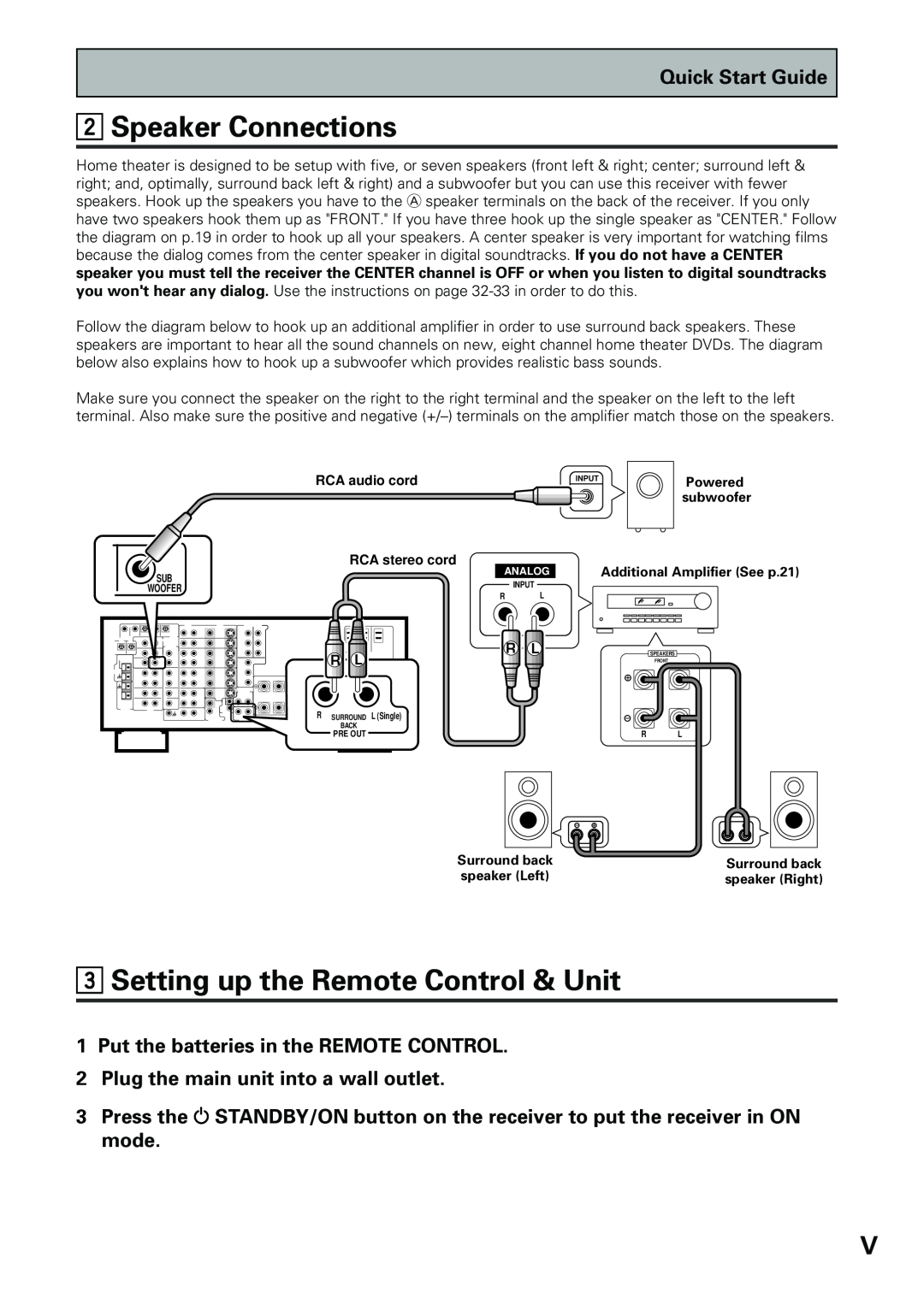 Pioneer VSX-D909S manual 2Speaker Connections, 3Setting up the Remote Control & Unit, Quick Start Guide 