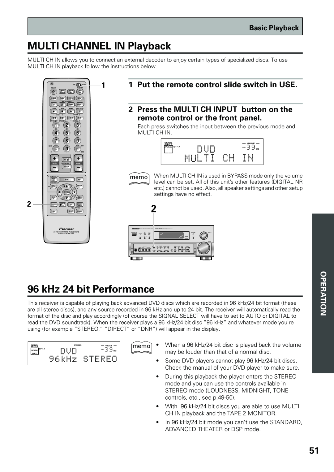 Pioneer VSX-D909S MULTI CHANNEL IN Playback, kHz 24 bit Performance, Put the remote control slide switch in USE, Operation 