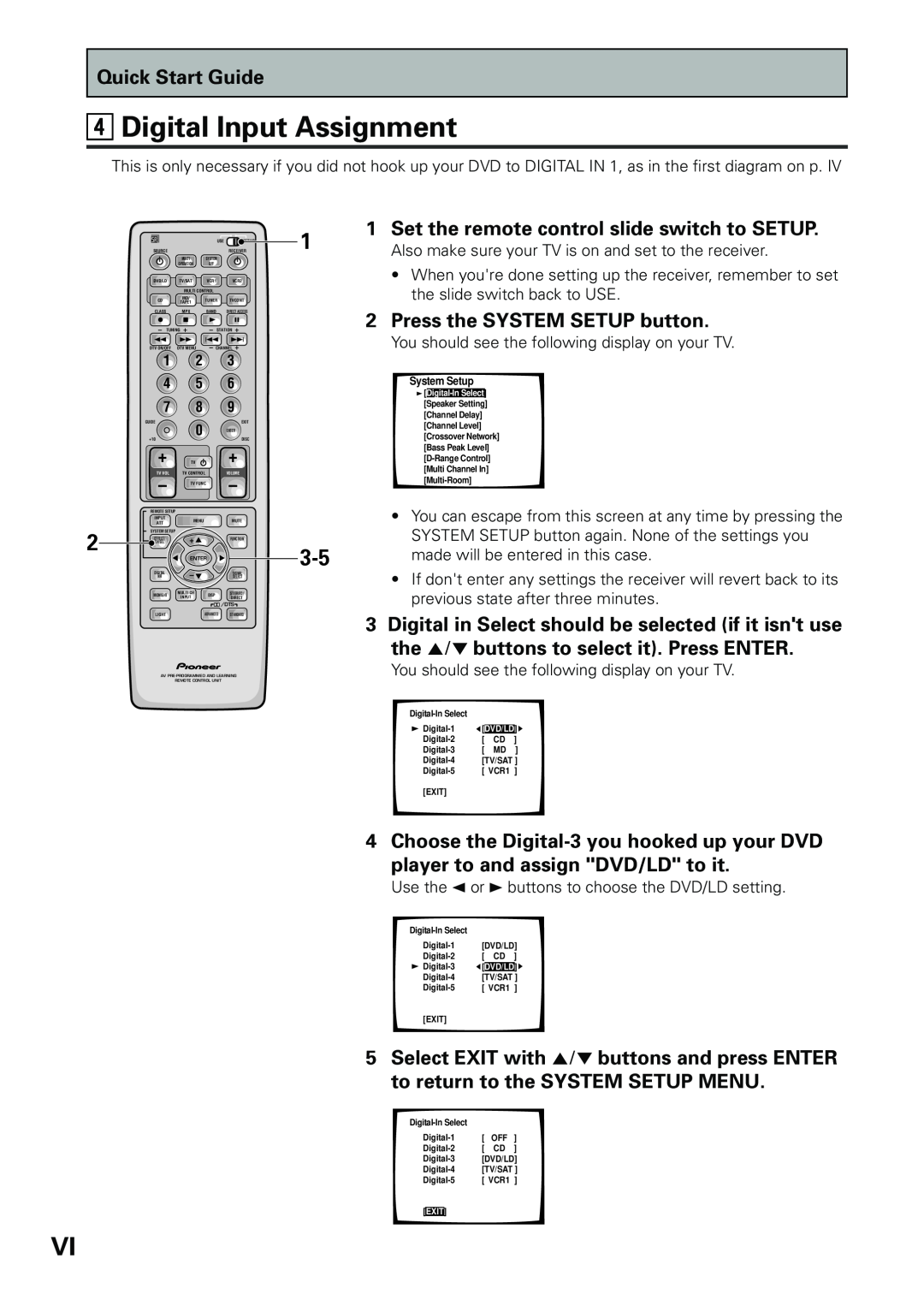 Pioneer VSX-D909S 4Digital Input Assignment, 1Set the remote control slide switch to SETUP, 2Press the SYSTEM SETUP button 