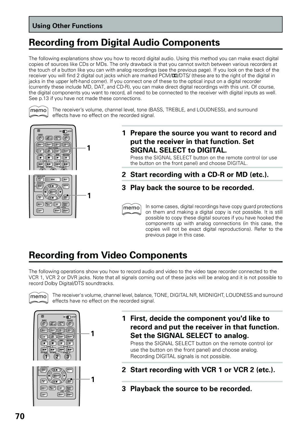 Pioneer VSX-D909S manual Recording from Digital Audio Components, Recording from Video Components, SIGNAL SELECT to DIGITAL 