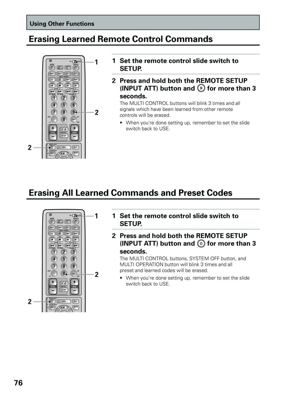 Pioneer VSX-D909S manual Erasing Learned Remote Control Commands, Erasing All Learned Commands and Preset Codes, seconds 