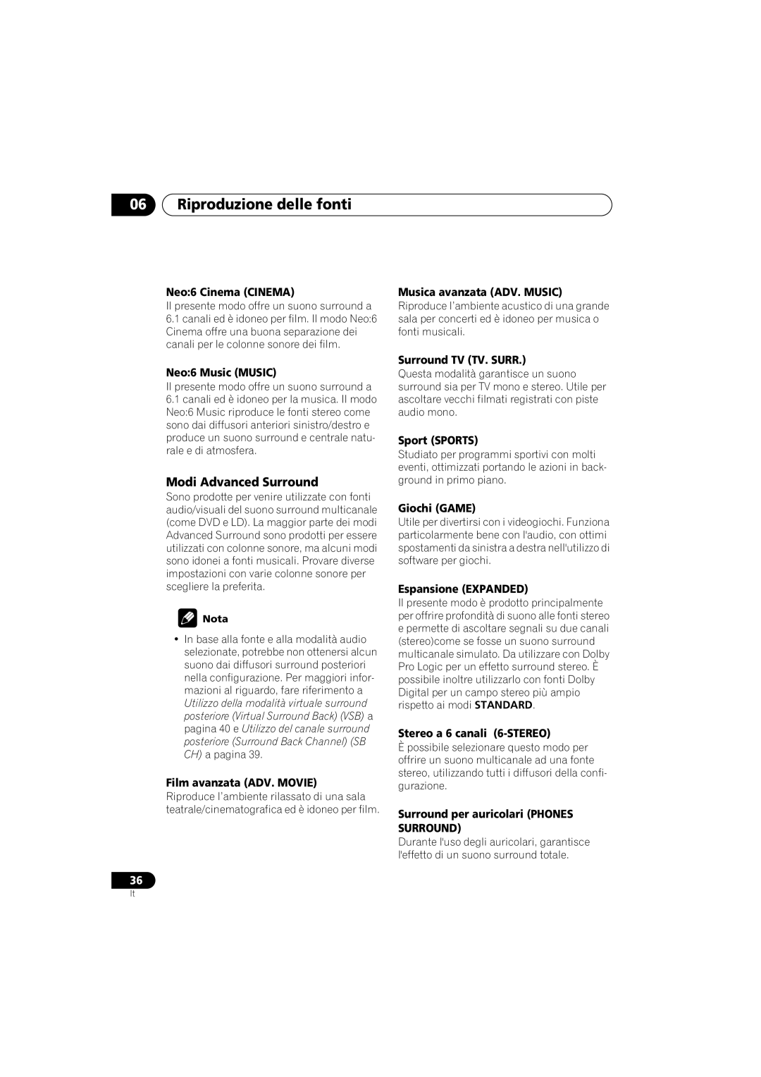 Pioneer VSX-D912, VSX-D812 operating instructions Riproduzione delle fonti, Modi Advanced Surround 