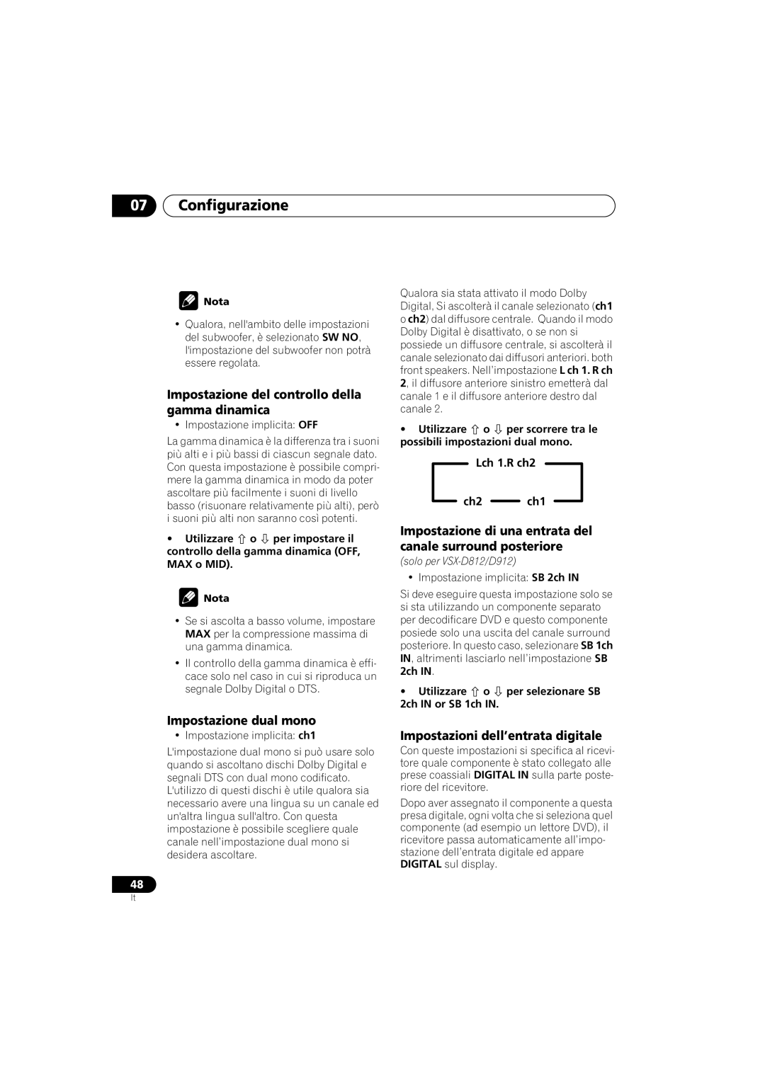 Pioneer VSX-D912, VSX-D812 operating instructions Impostazione del controllo della gamma dinamica, Impostazione dual mono 