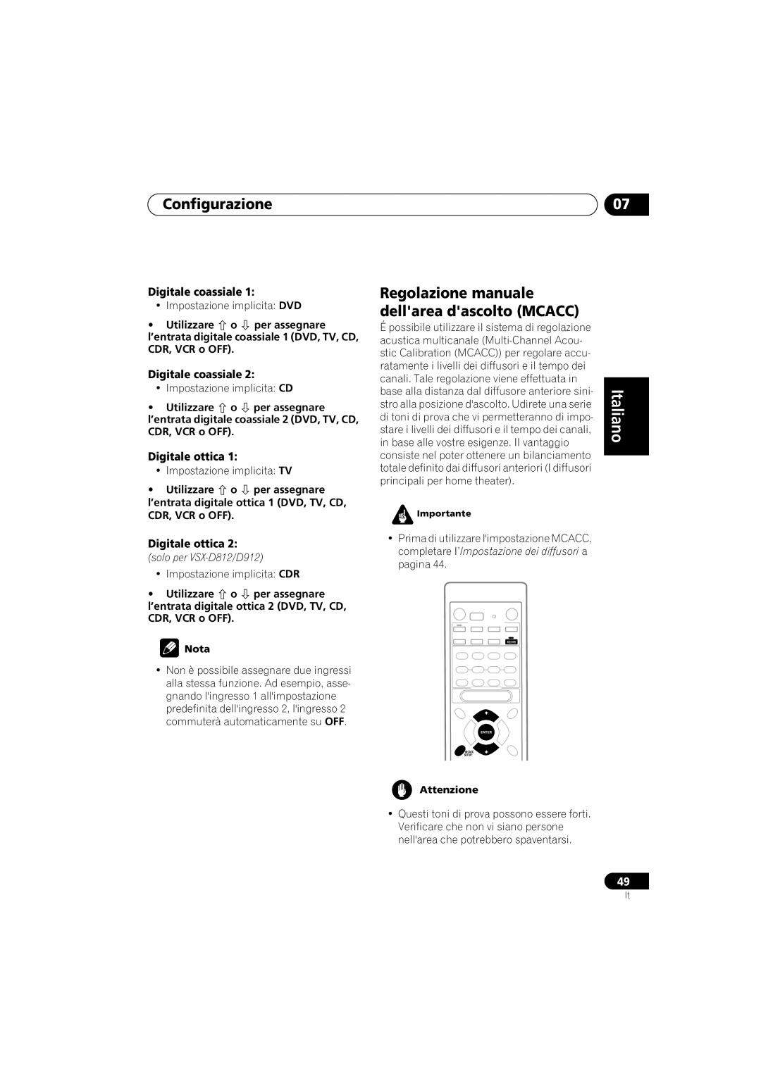 Pioneer VSX-D812, VSX-D912 operating instructions Digitale coassiale, Digitale ottica 