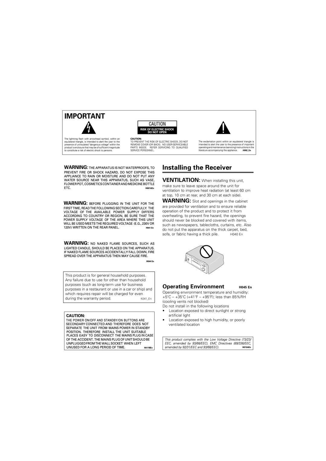 Pioneer VSX-D912, VSX-D812 operating instructions Installing the Receiver, Operating Environment 