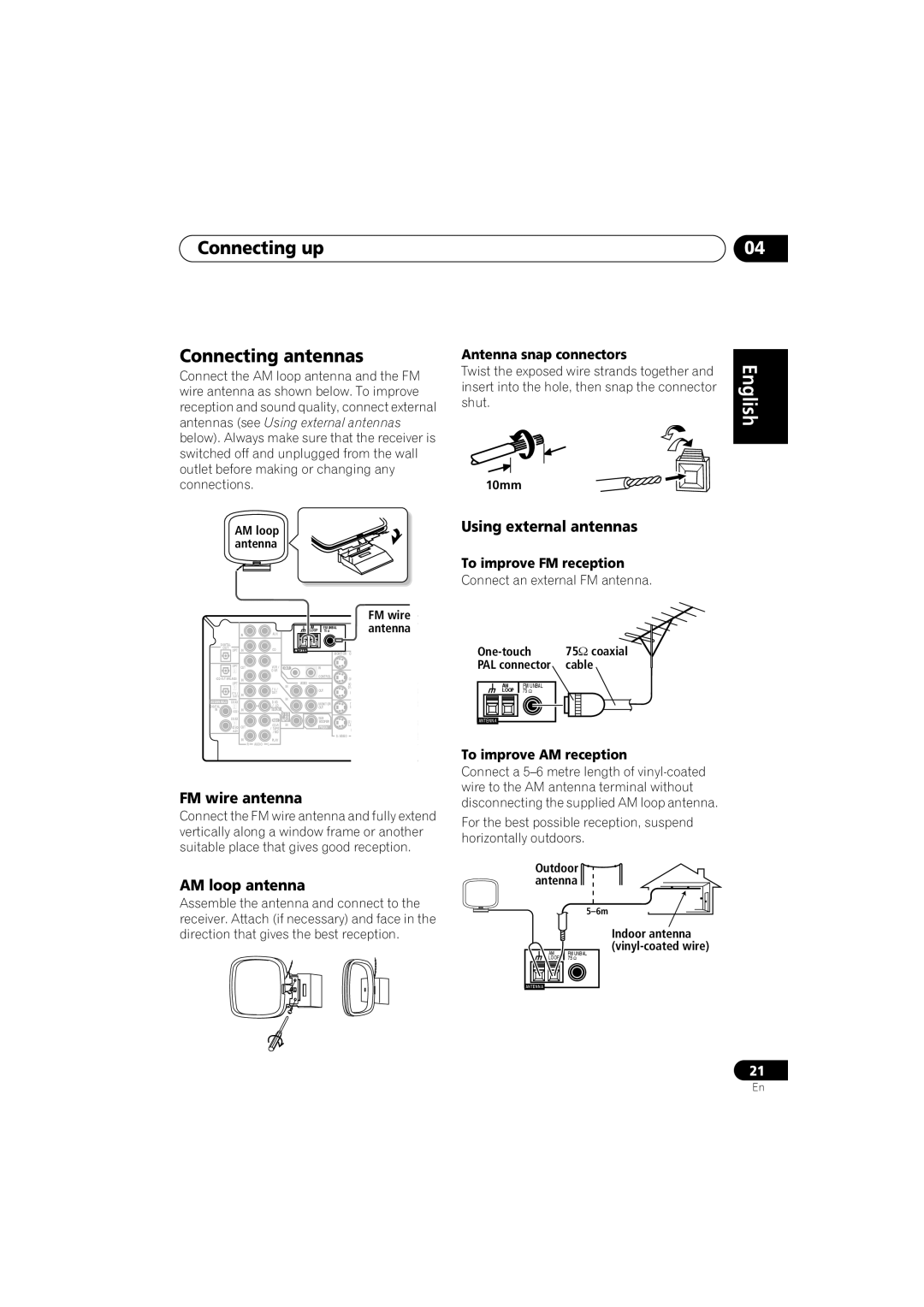 Pioneer VSX-D812, VSX-D912 Connecting up Connecting antennas, FM wire antenna, AM loop antenna, Using external antennas 