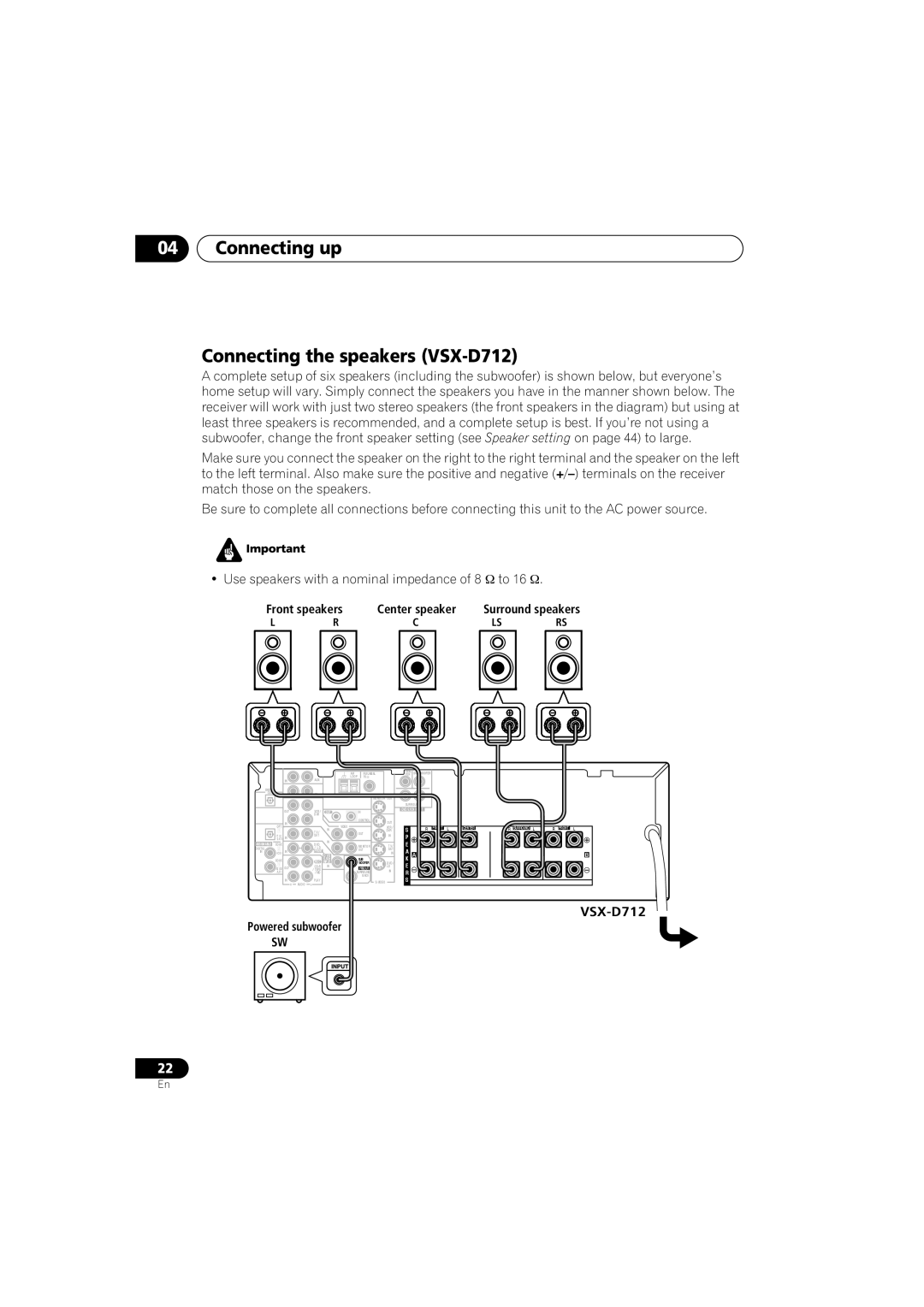 Pioneer VSX-D912, VSX-D812 operating instructions Connecting up Connecting the speakers VSX-D712, Front Center 