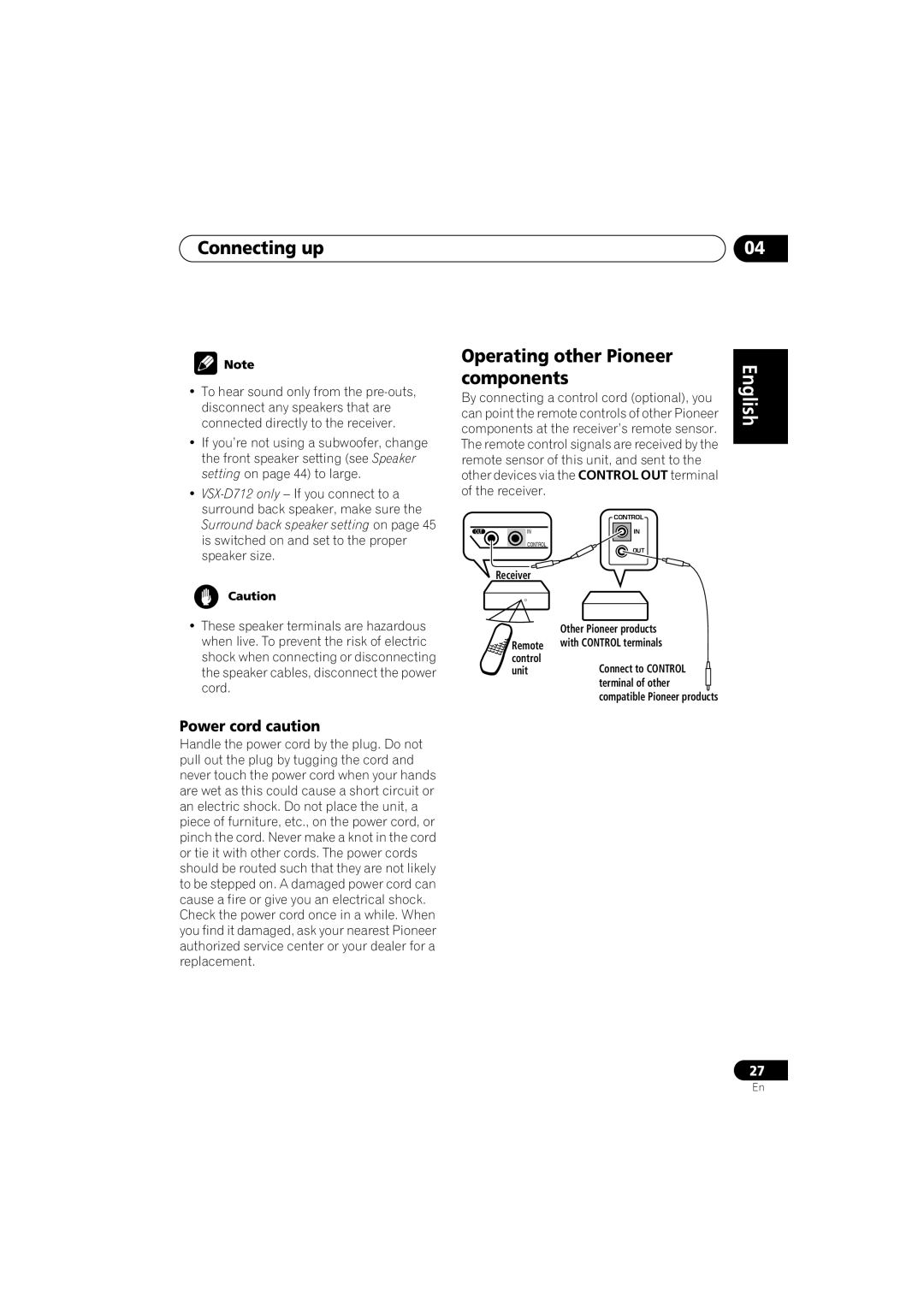 Pioneer VSX-D812, VSX-D912 operating instructions Operating other Pioneer, Components, Power cord caution, Receiver 