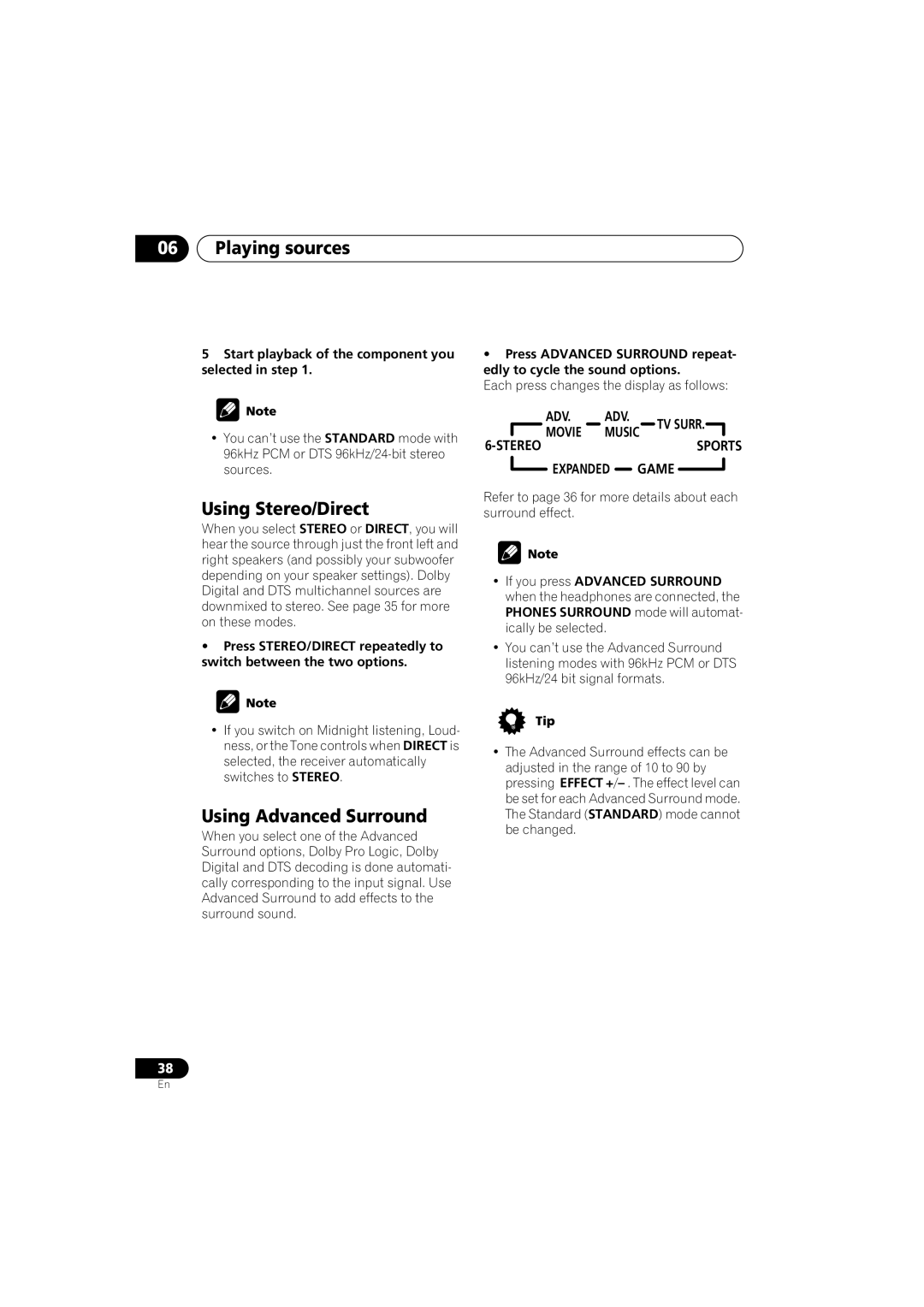 Pioneer VSX-D912, VSX-D812 operating instructions Using Stereo/Direct, Using Advanced Surround, Expanded Game 