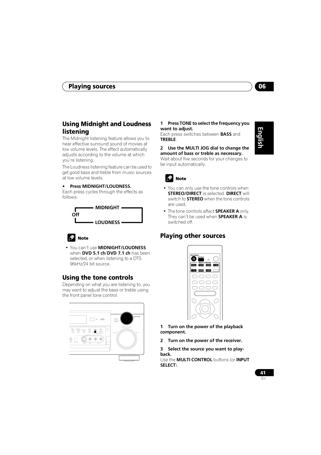 Pioneer VSX-D812 Playing sources Using Midnight and Loudness listening, Using the tone controls, Playing other sources 