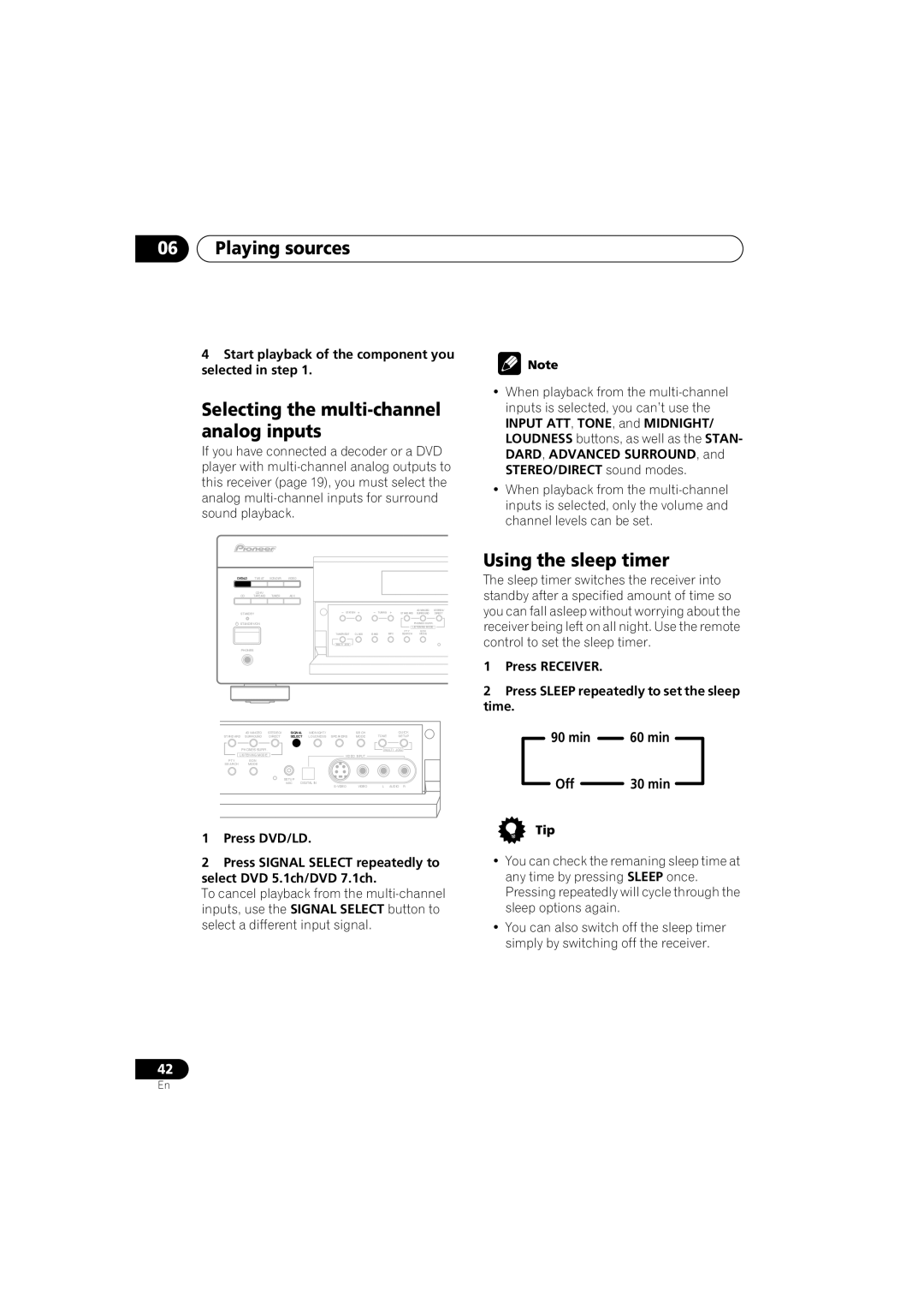 Pioneer VSX-D912 Selecting the multi-channel analog inputs, Using the sleep timer, min 60 min Off 30 min, Press DVD/LD 