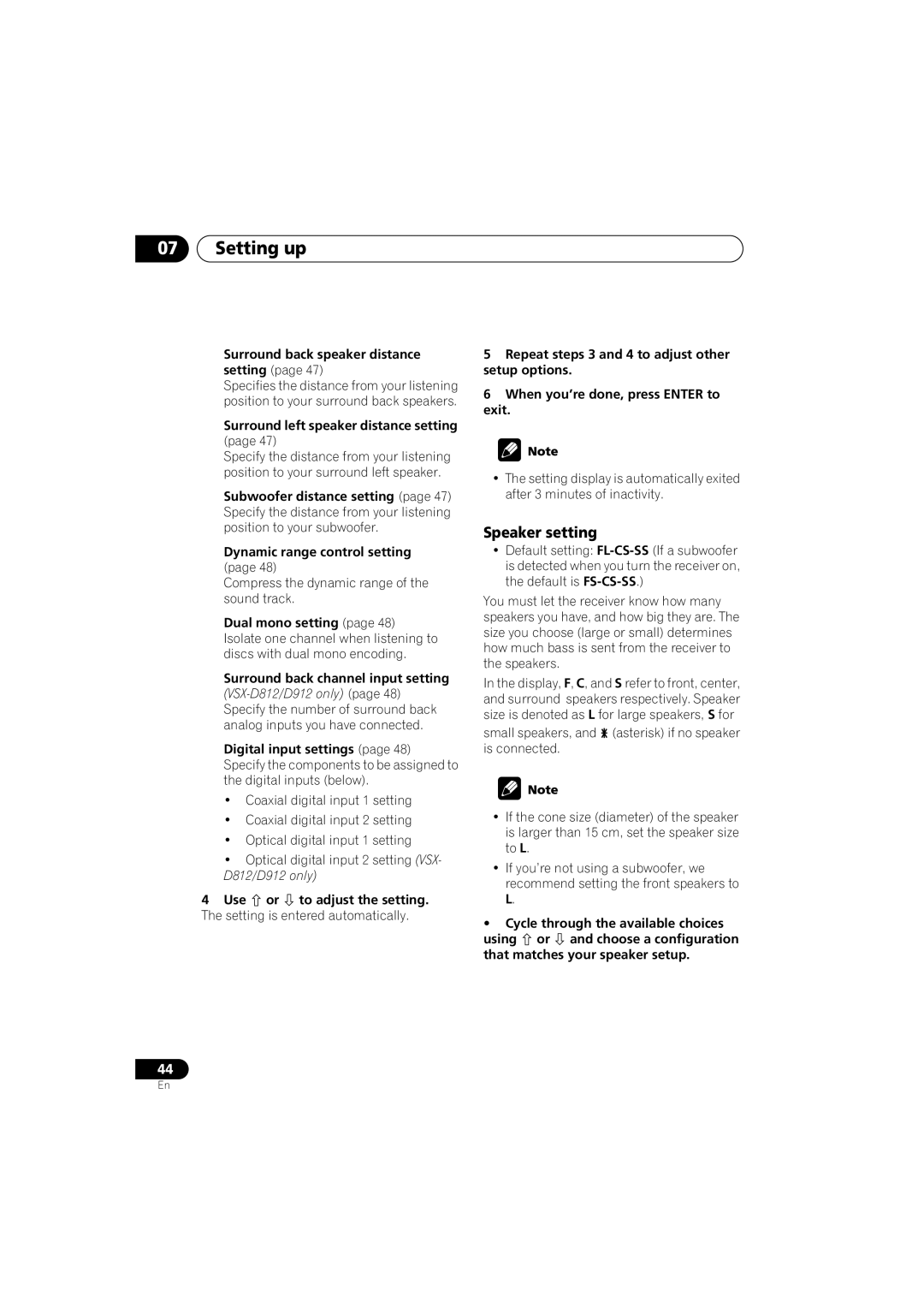 Pioneer VSX-D912 Setting up, Speaker setting, Surround back speaker distance setting, Use or to adjust the setting 