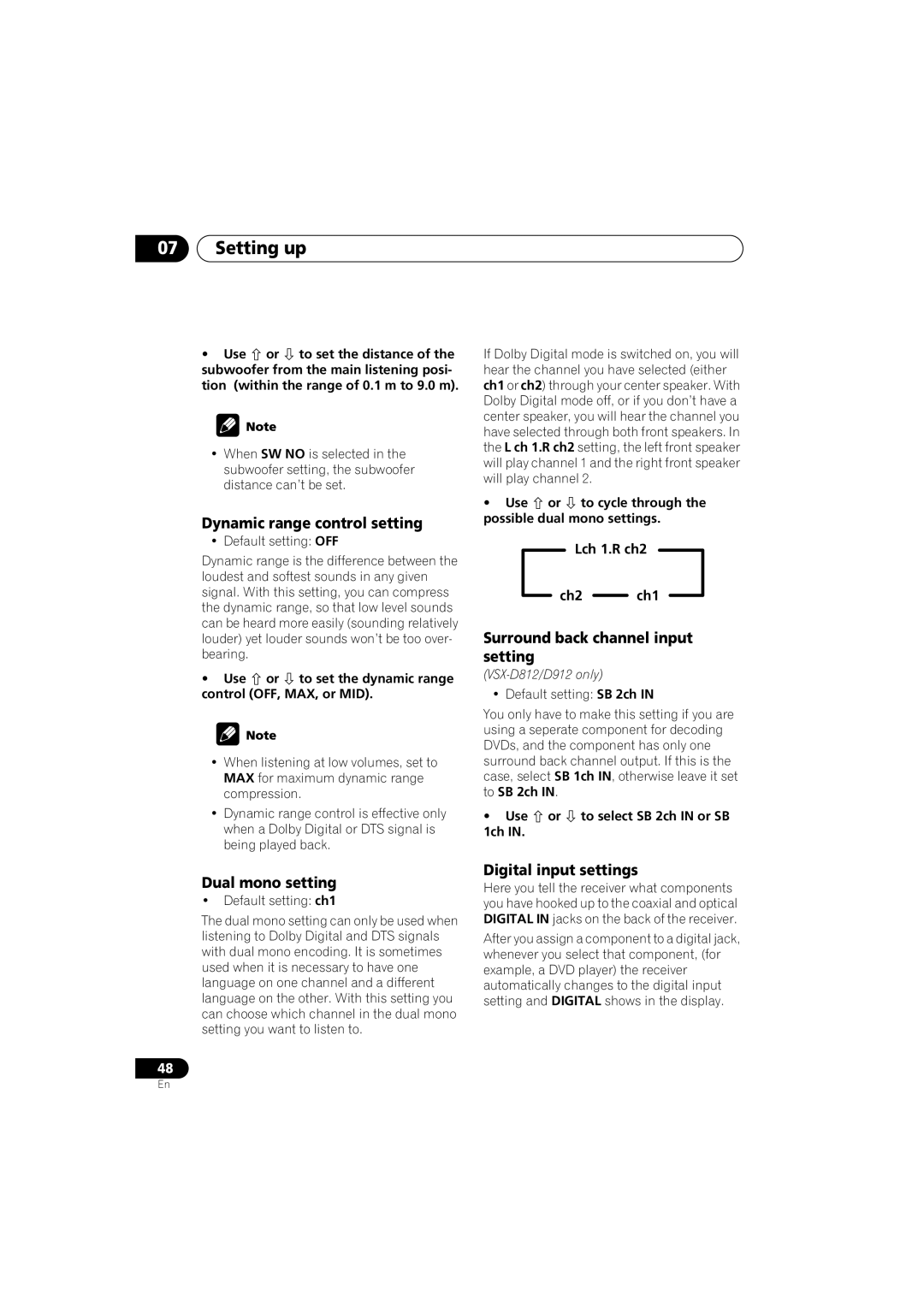 Pioneer VSX-D912, VSX-D812 Dynamic range control setting, Dual mono setting, Surround back channel input setting 