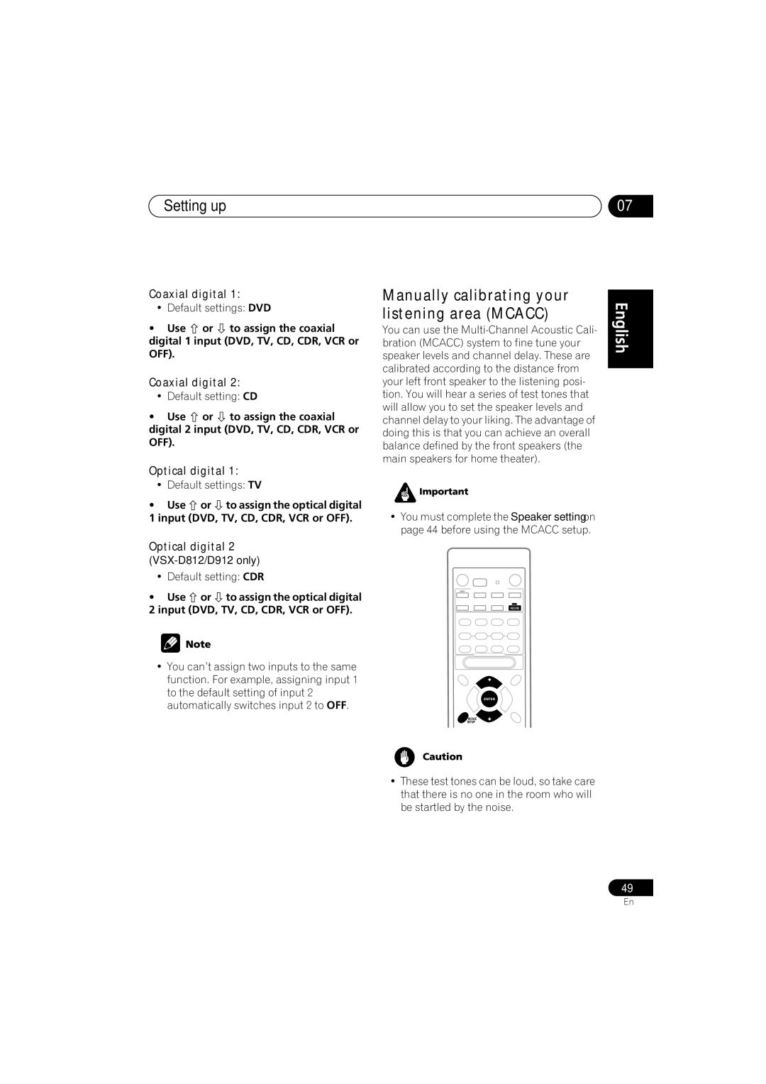 Pioneer VSX-D812, VSX-D912 Manually calibrating your, Listening area Mcacc, Coaxial digital, Optical digital 