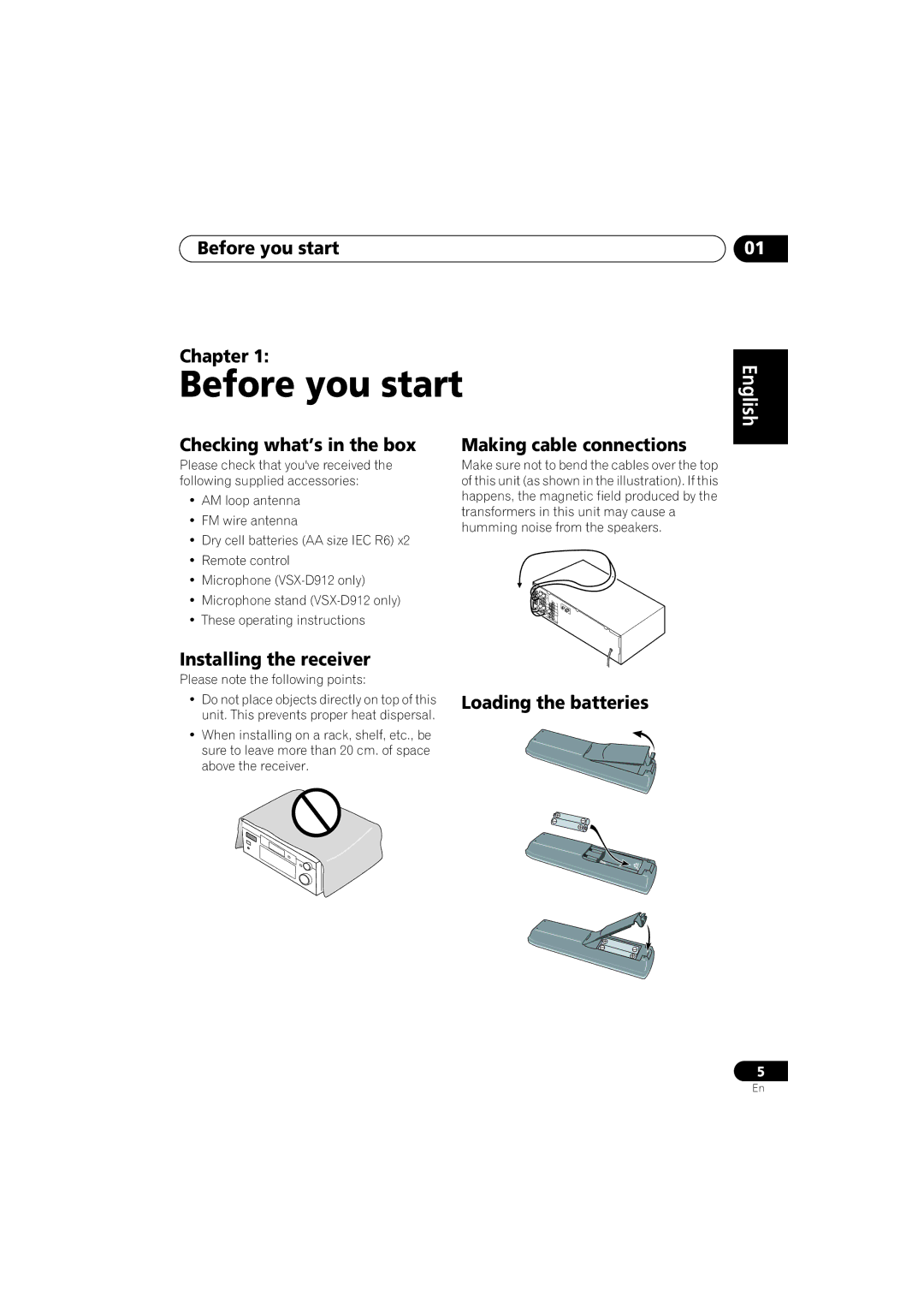 Pioneer VSX-D812 Before you start Chapter, Checking what’s in the box, Making cable connections, Loading the batteries 